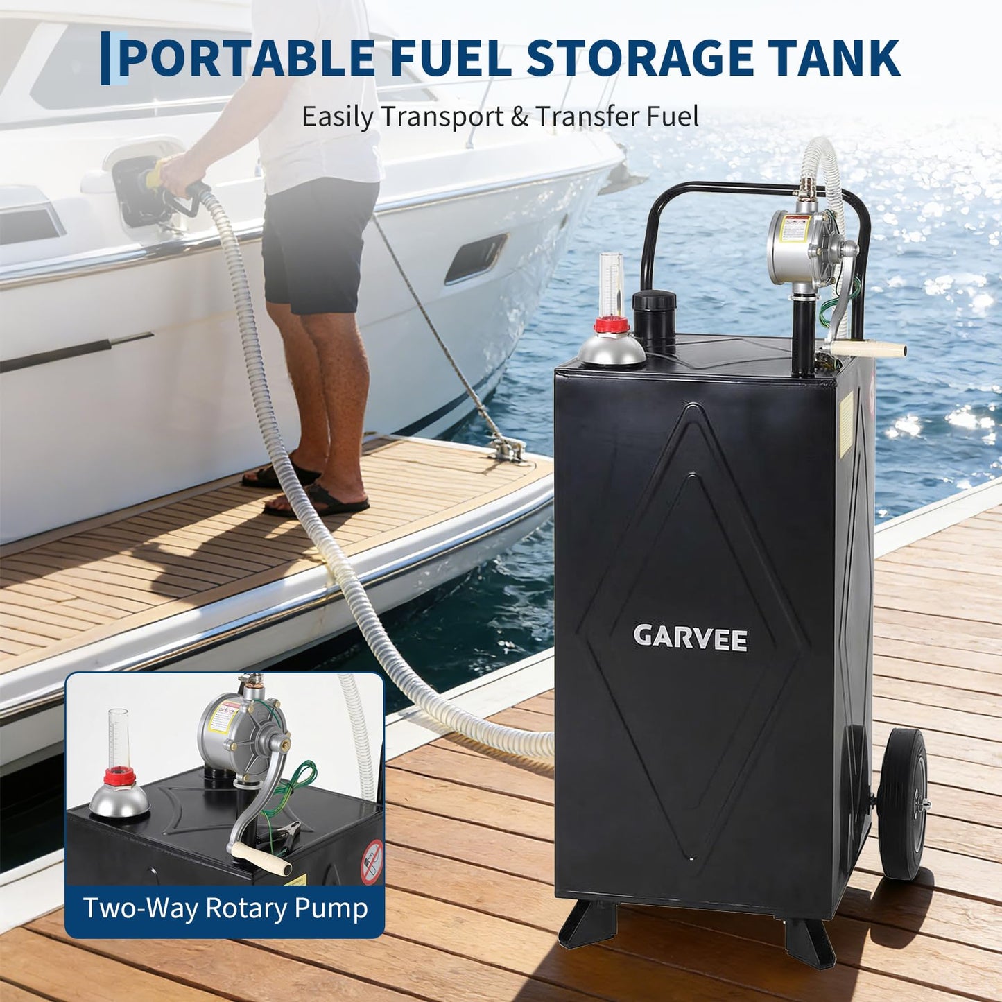 30 Gallon Fuel Gas Caddy Storage Tank, Portable Gas Caddy w/ Wheels, Reversible Manual Hand Pump & Fuel Hose, Anti-Static Grounding Clamp, Vent/Level Gauge, Wide Fill Neck, Gasoline/Diesel Transfer for ATV, Car, Mower, Tractor, Boat