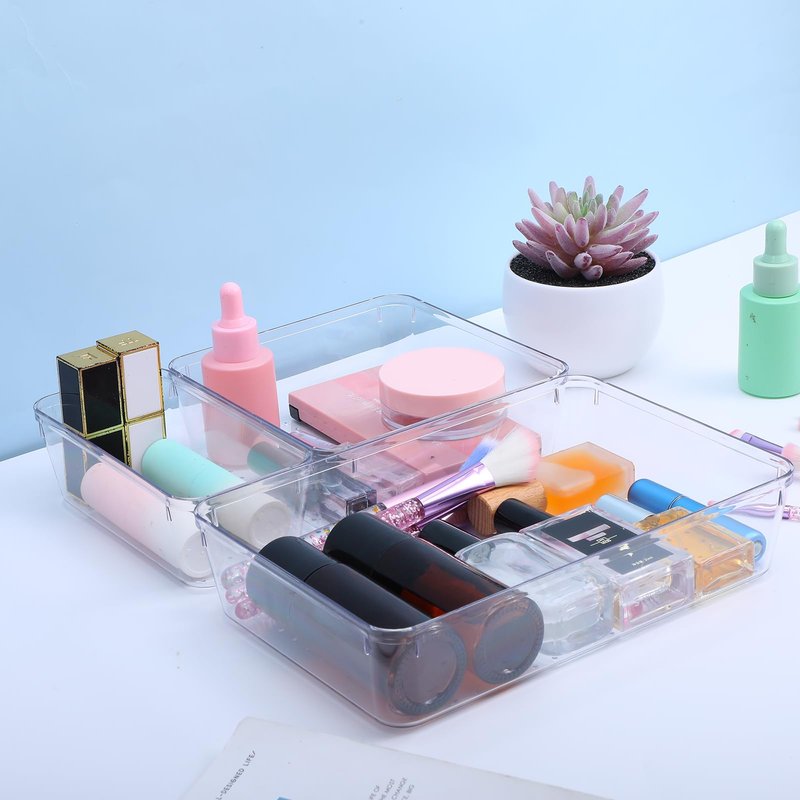 12 Pack Drawer Organizer - 3 Sizes, Clear Plastic Kitchen Drawer Organizers Set, Versatile Bathroom and Vanity Organizer Trays,Storage Bins for Makeup, Bathroom, Jewelries and Office