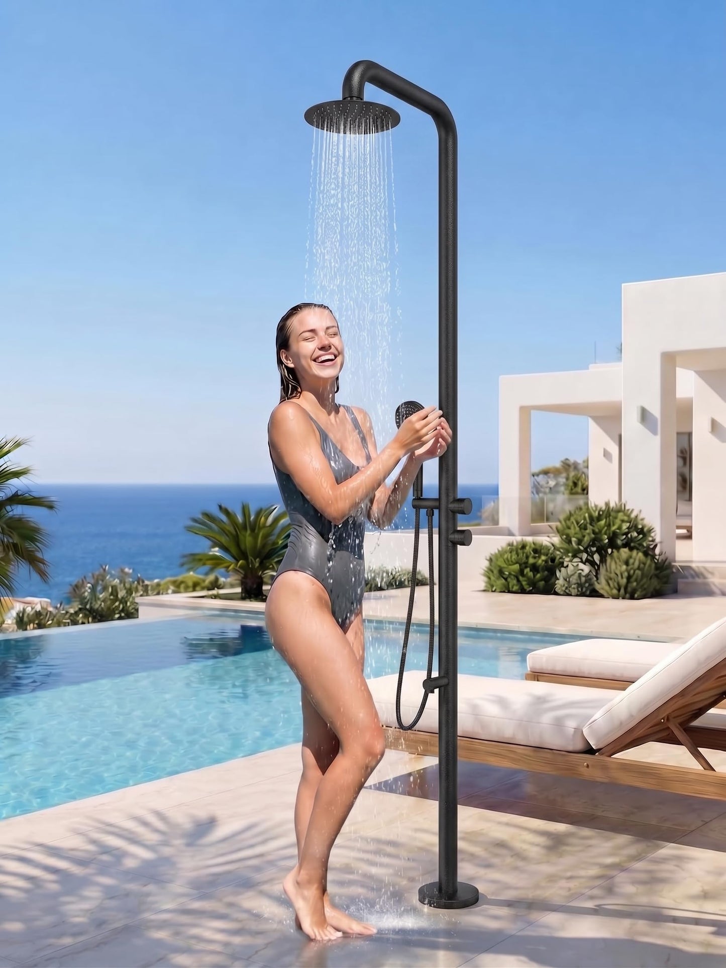 WCQQ 316 Stainless Steel Outdoor Floor Shower with 3 Functions, Matte Black Freestanding 10" Headshower & Handheld Shower for Backyard Patio Relaxation/Easy Garden Clean