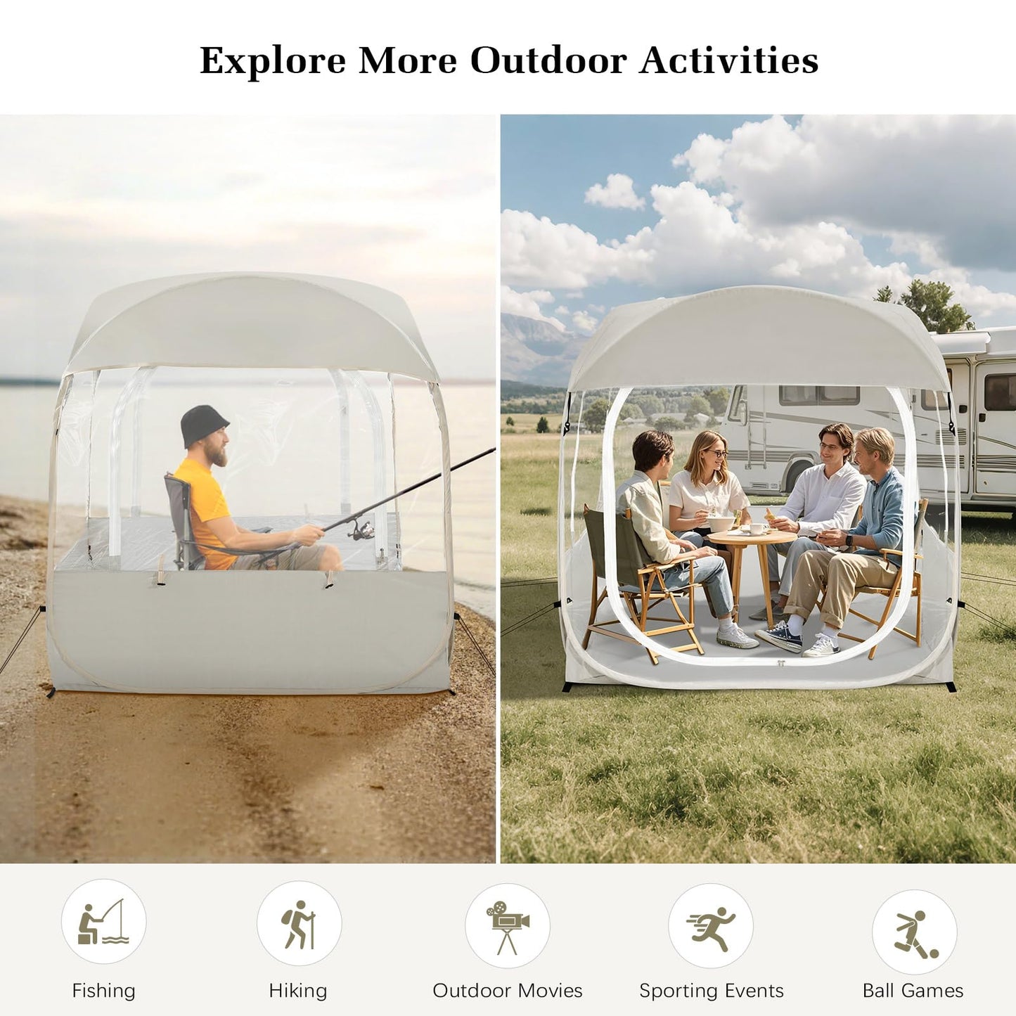 Raynesys Sports Tent, Portable & Foldable Pop Up Tents Shelter for 1-4 Person, Instant Weather Proof Clear View Bubble Tent with Carry Bag for Watching Sports Events, Camping, Fishing, Beige