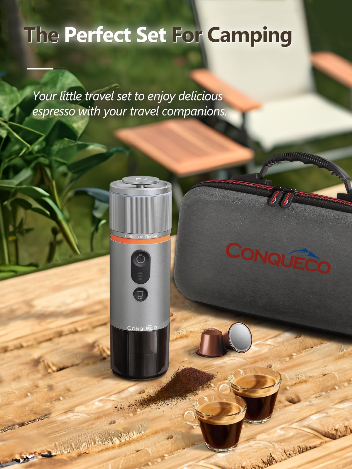 CONQUECO Portable Espresso Machine Travel: 12v Car Coffee Maker Set with Battery for Camping - Small Electric - 2.5 Mins Heating - With Ground Coffee & NS Capsule & Handbag for RV, Hiking, Office