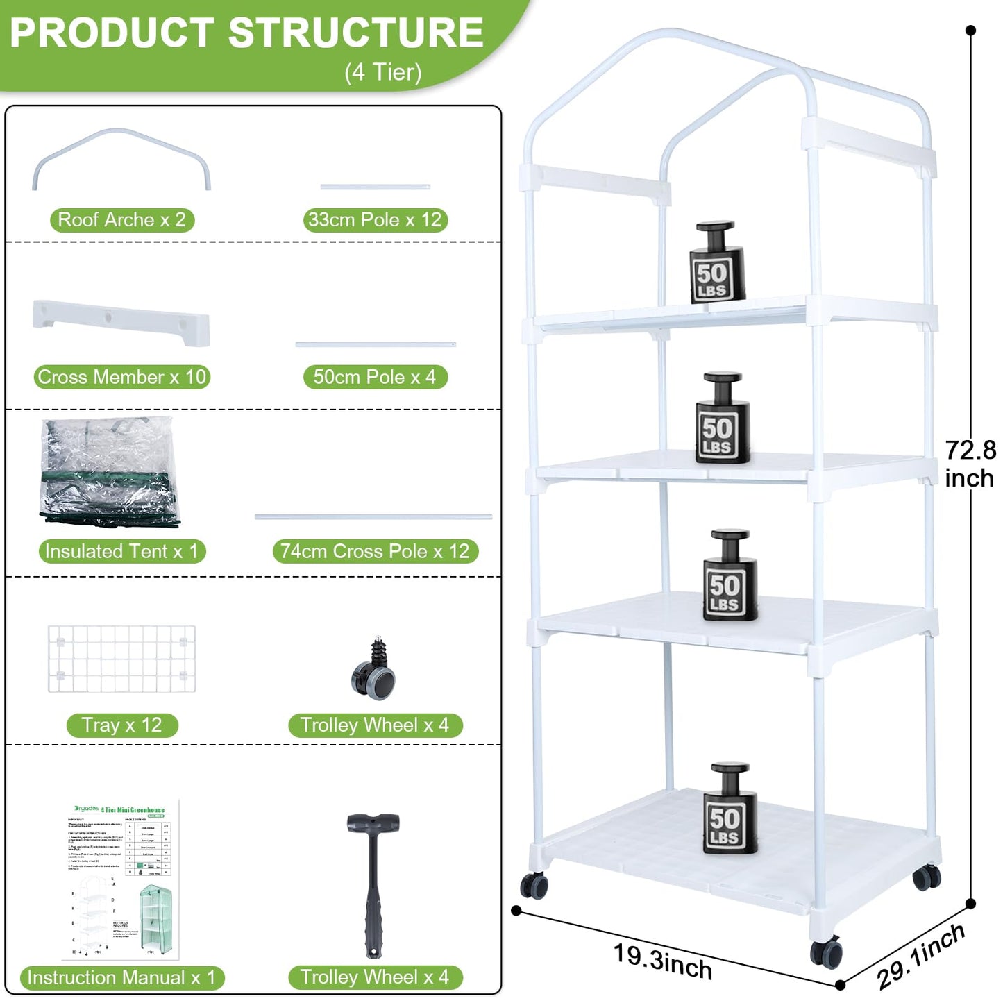 Mini Indoor Greenhouse, 4-Tier Portable Plant Greenhouse Cabinet with Wheels, Waterproof PVC Tent Cover for Indoor Outdoor Seed Starting, Plants, Flowers (Clear, 4 Tier)