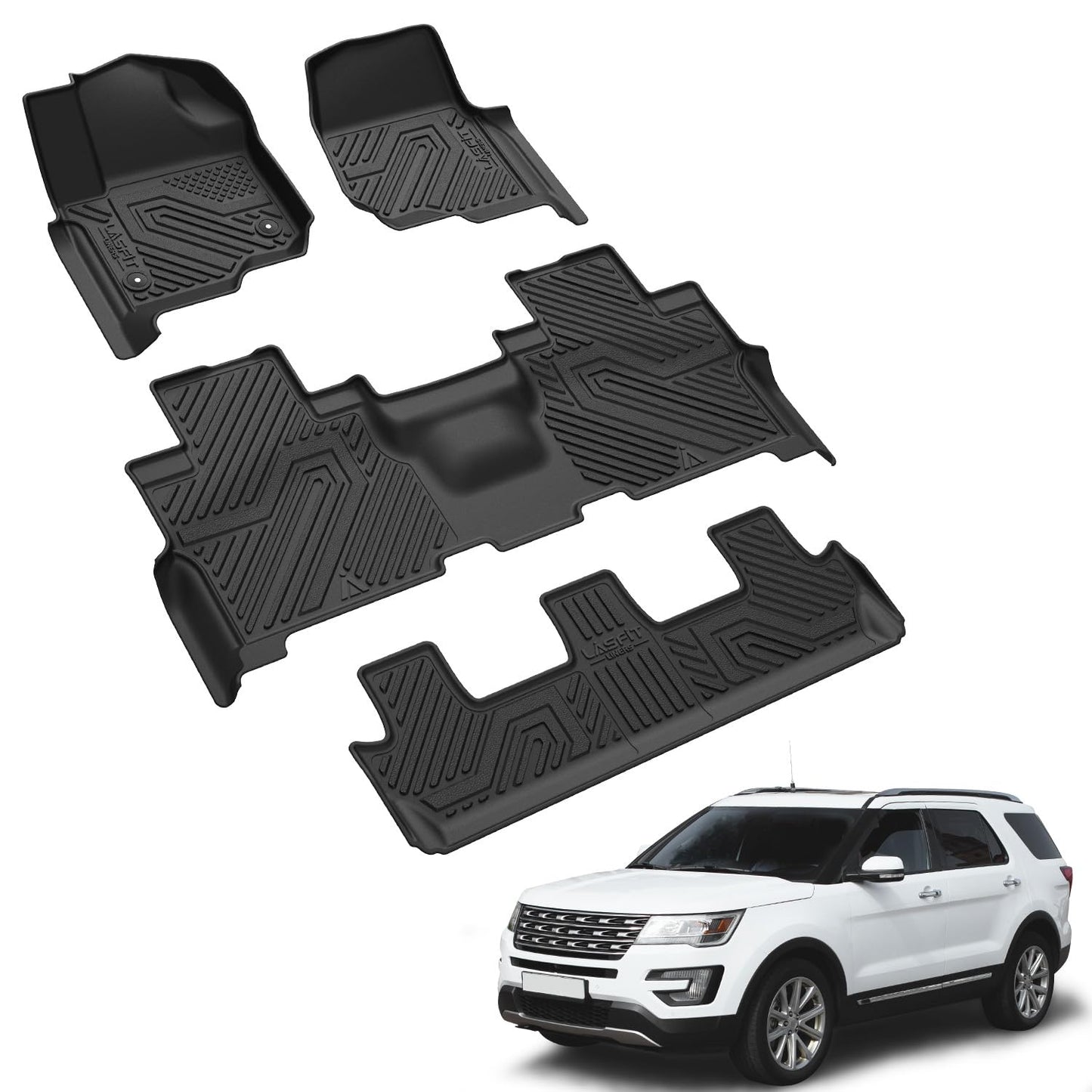 LASFIT Floor Mats for Ford Expedition | Expedition Max 8 Seater 2021 2022 2023 2024(Not Fit 7 Seats), All Weather TPE Protector Custom Fit for SUV Car Liners, 1st& 2nd& 3rd Row, Black 4pcs