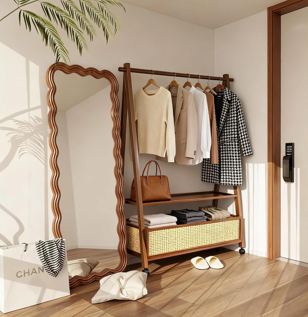 TEDIDUWA 61" Heavy Duty Rolling Clothes Rack, 110 lbs Capacity Solid Bamboo Garment Rack with Double Layer Shelf, Portable Wardrobe & Wood Coat Rack for Bedroom, Laundry, Closet (Walnut)