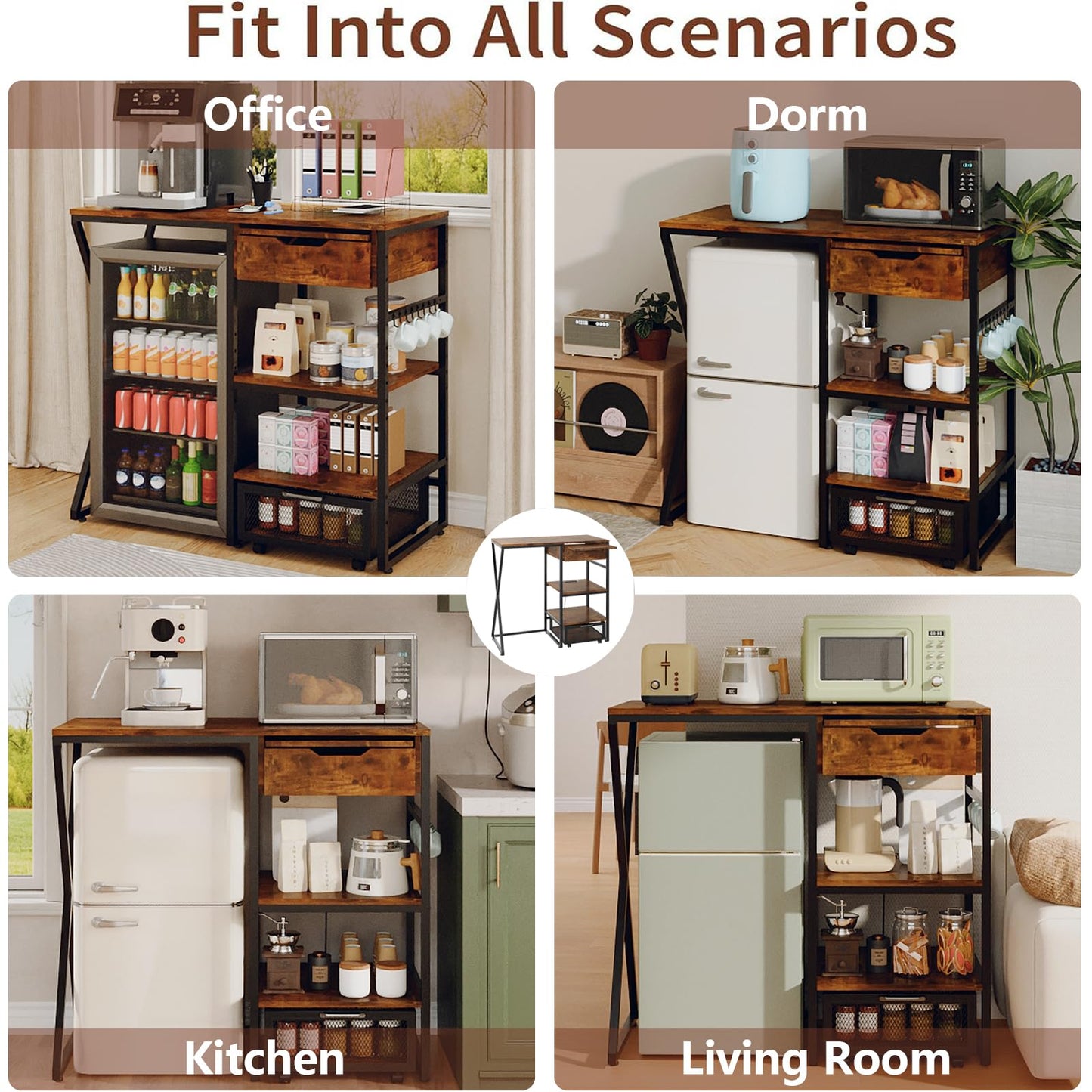 41.7in Mini Fridge Stand with Storage Shelf, 3-Tier Microwave Stand & Coffee Bar Organizer with Power Outlet, Basket, Pull-out Work Platform, 160LBS Sturdy Mini Fridge Shelf for Dorm, Apartment
