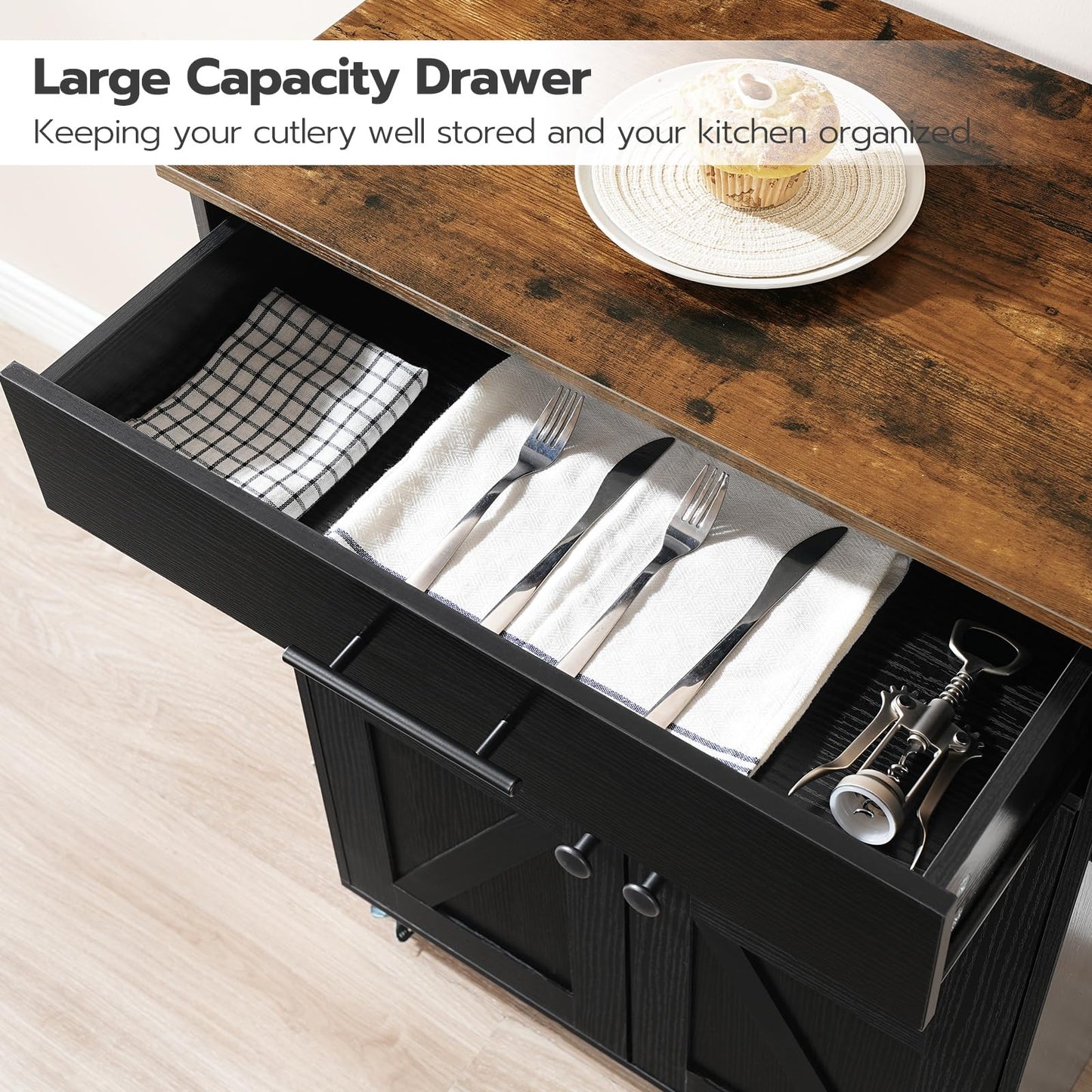 HOOBRO Kitchen Island with Power Outlet, Rolling Kitchen Island with Large Worktop, Kitchen Island Cart with Spice Rack and Drawer, Island Table for Dining Room, Rustic Brown and Black BF88UZD01
