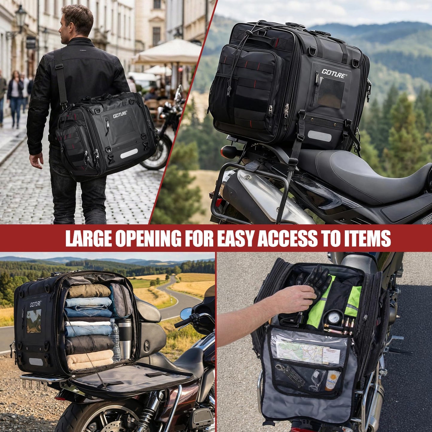 Goture 50L-70L Expandable Motorcycle Tail Bag, 1000D High-Tenacity Motorcycle Luggage Bag, Water-Repellent Motor Cycle Rear Seat Bag for Touring Cruisers with Rain Cover & Bungee Straps