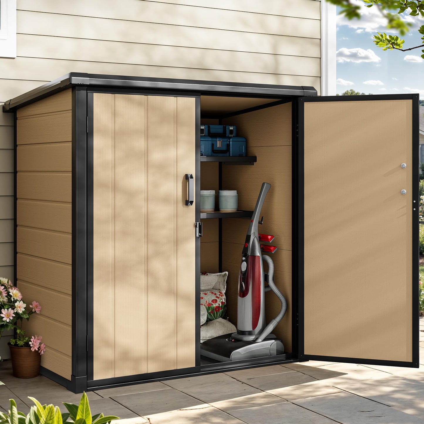 DWVO Outdoor Storage Shed 54 cuft with 2 Shelves, 4.2x2.6x5ft Vertical Tool Shed with Floor & Lockable Doors, Sturdy Double-Wall Plastic Cabinet for Garbage Cans and Garden Storage, Brown