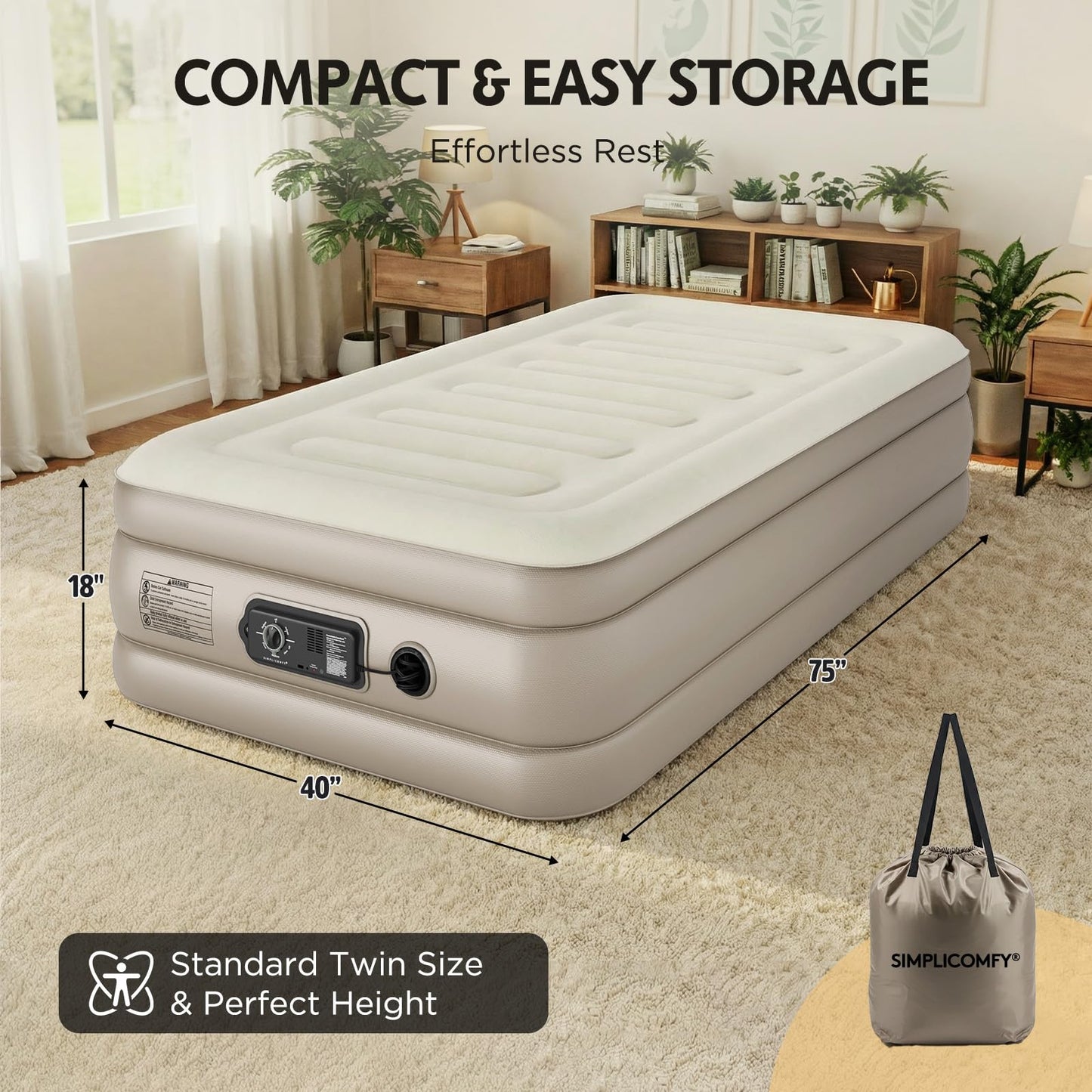 Simpli Comfy Twin Air Mattress with Built-in Patented Constant Comfort Dual Pump, 18" Raised Blow-up Colchon Inflable Mattress, Three Adjustable Firmness Settings, Self-monitoring Air Retention System