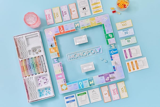 WS Game Company Monopoly Aura Edition Iridescent Tempered Glass Board Crystal-Clear Acrylic Houses Metallic Tokens Foil Cards & Tray Family Board Games for 2-6 Players Ages 8+