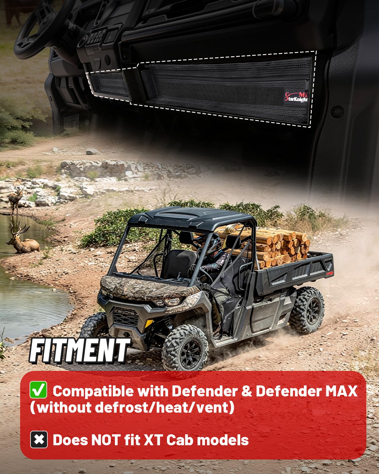 StarknightMT Defender Dash Storage Nets and UTV Center Console Armrest Box with Cup Holders Compatible with Can-Am Defender & Defender MAX HD5 HD7 HD8 HD9 HD10 (2017-2025)