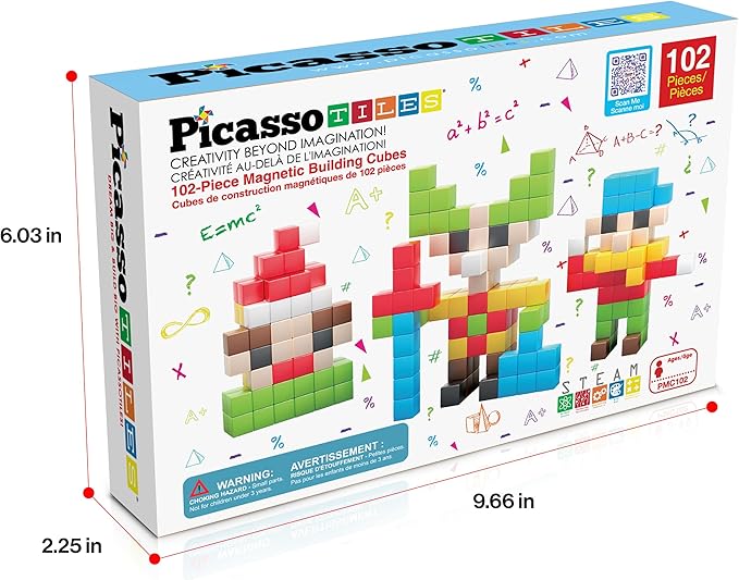 PicassoTiles 102pcs Pixel Magnetic Puzzle Cube 1” Pixel Mix & Match Toys with Ideabook STEM Education Learning Building Block Magnets Construction ToySet Stacking Creative Kit for Kids Age 3+ PMC1