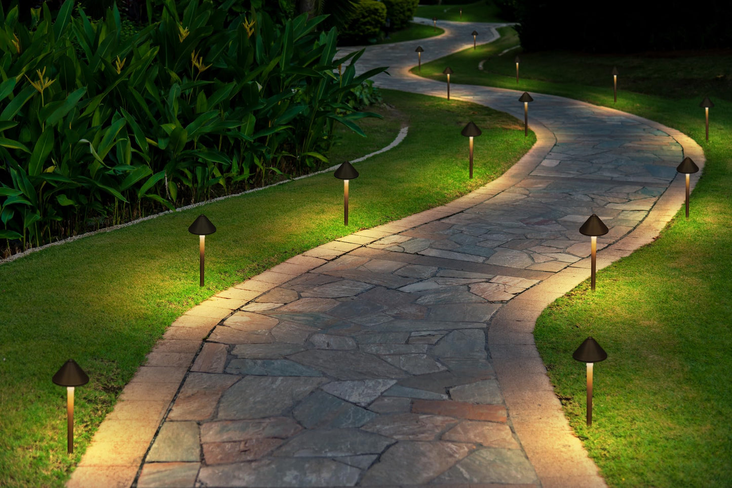 GKOLED Solid Brass Landscape Path Lights (5" Shade, 20" Tall), Low Voltage LED 3W 12-24V AC/DC Conehead Path Lighting, 2700K Outdoor Waterproof Walkway Light, with Stake and G4 Bulb, 2 Pack