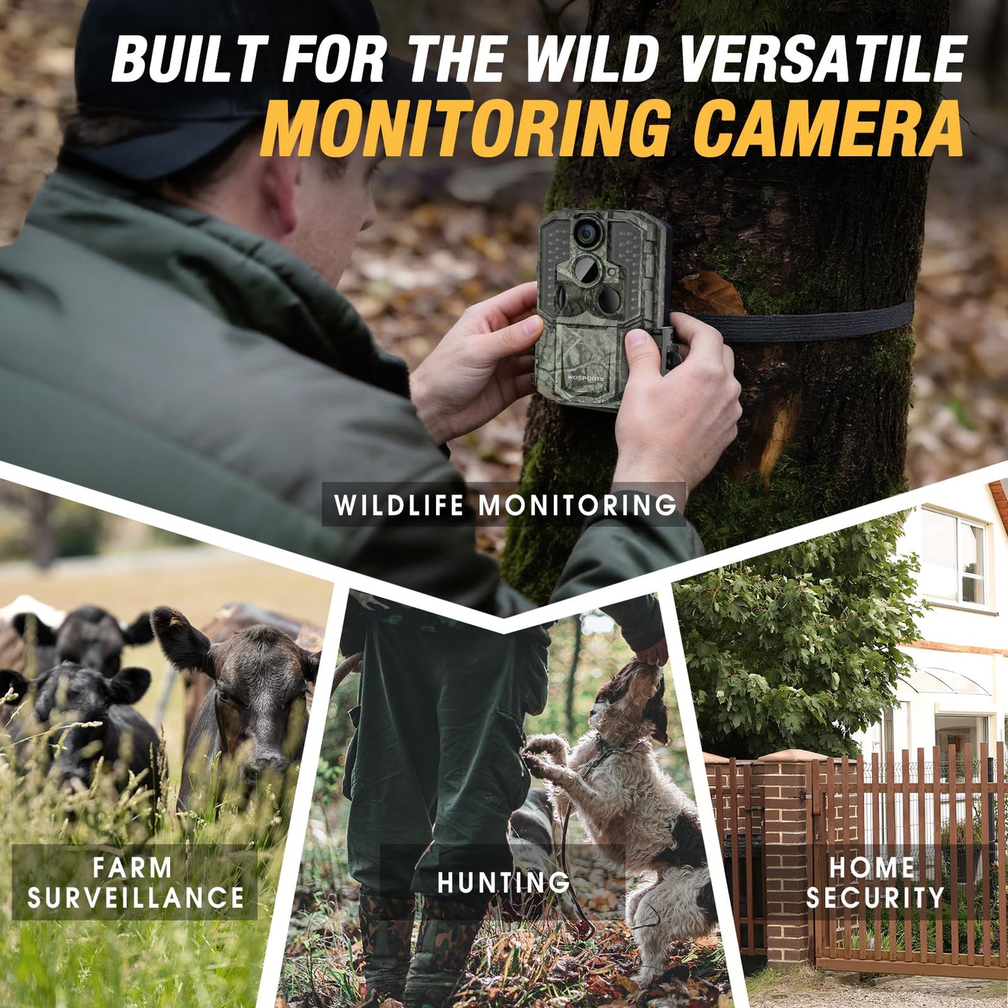 WOSPORTS Rechargeable Trail Camera 2Pack 56MP 4K Game Cam 0.2s Trigger No Glow Night Vision Motion Activated 120ยฐ Wide Lens 2.0โ LCD Wildlife Camera Outdoor Scouting