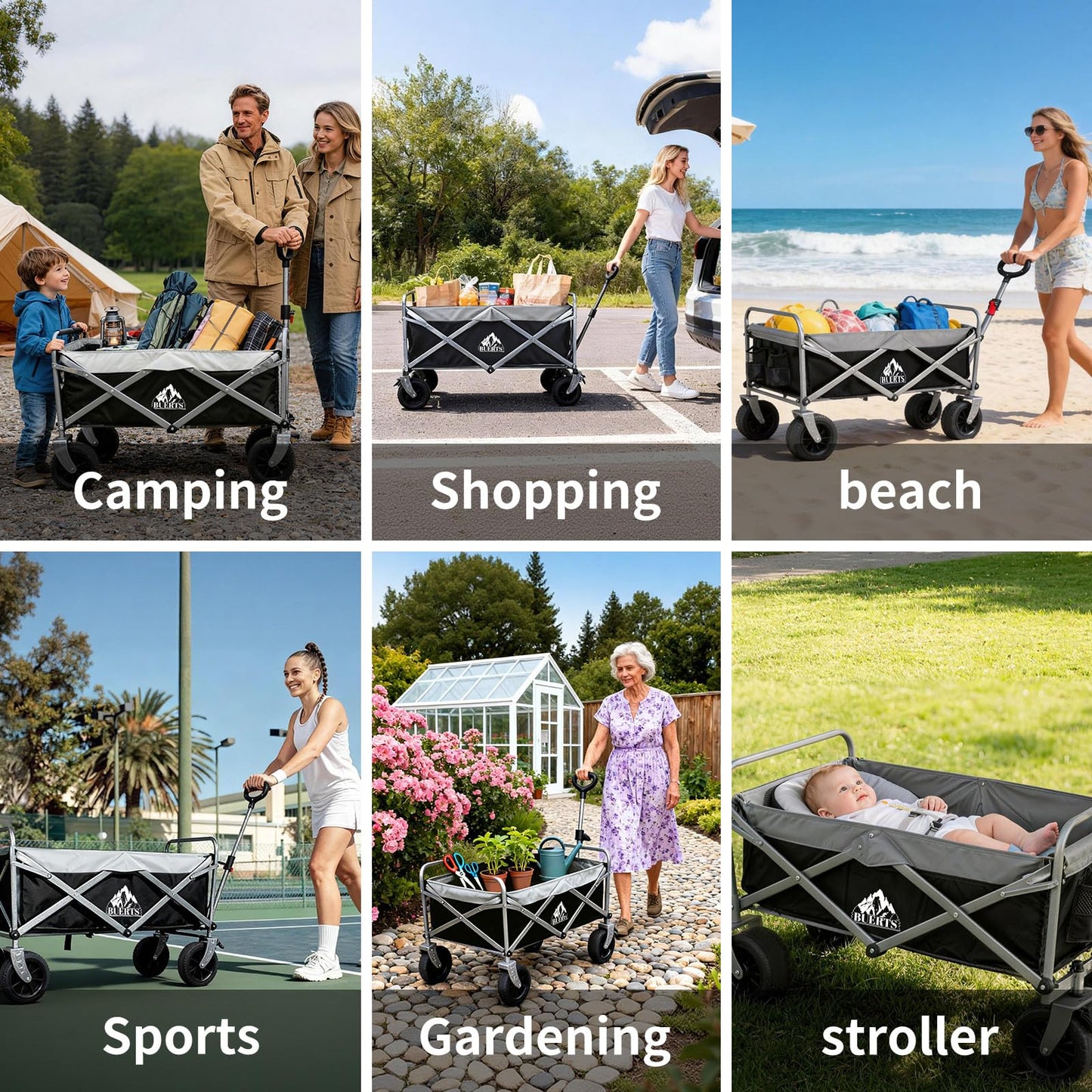 BUERTS Collapsible Wagon - 600LBS Heavy-Duty Large Capacity Foldable Utility Cart, Oversized All-Terrain Wheels, 3-Second Quick Fold Beach Wagon for Camping, Gardening, Beach & Backcountry Trip(BLACK)