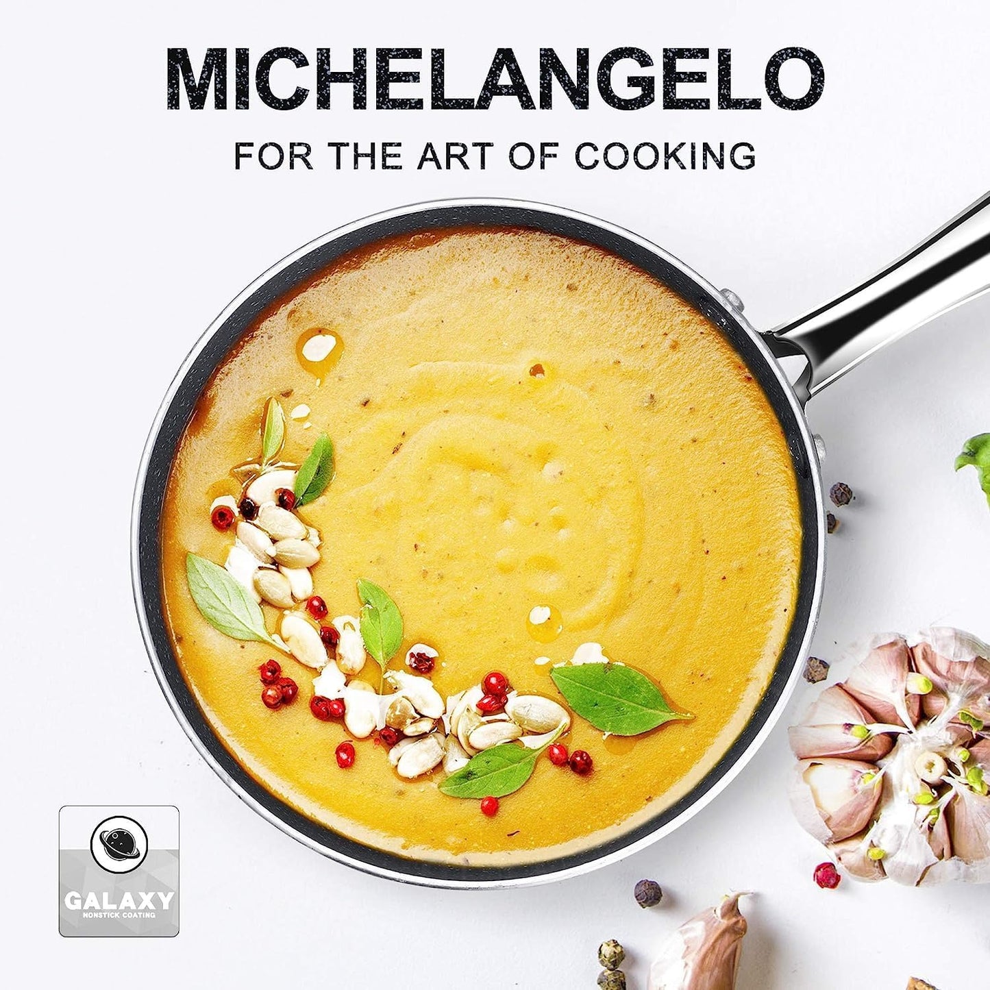 MICHELANGELO Nonstick Sauce Pan - 1 Quart with Lid & Stainless Steel Handle | Grey Granite Finish