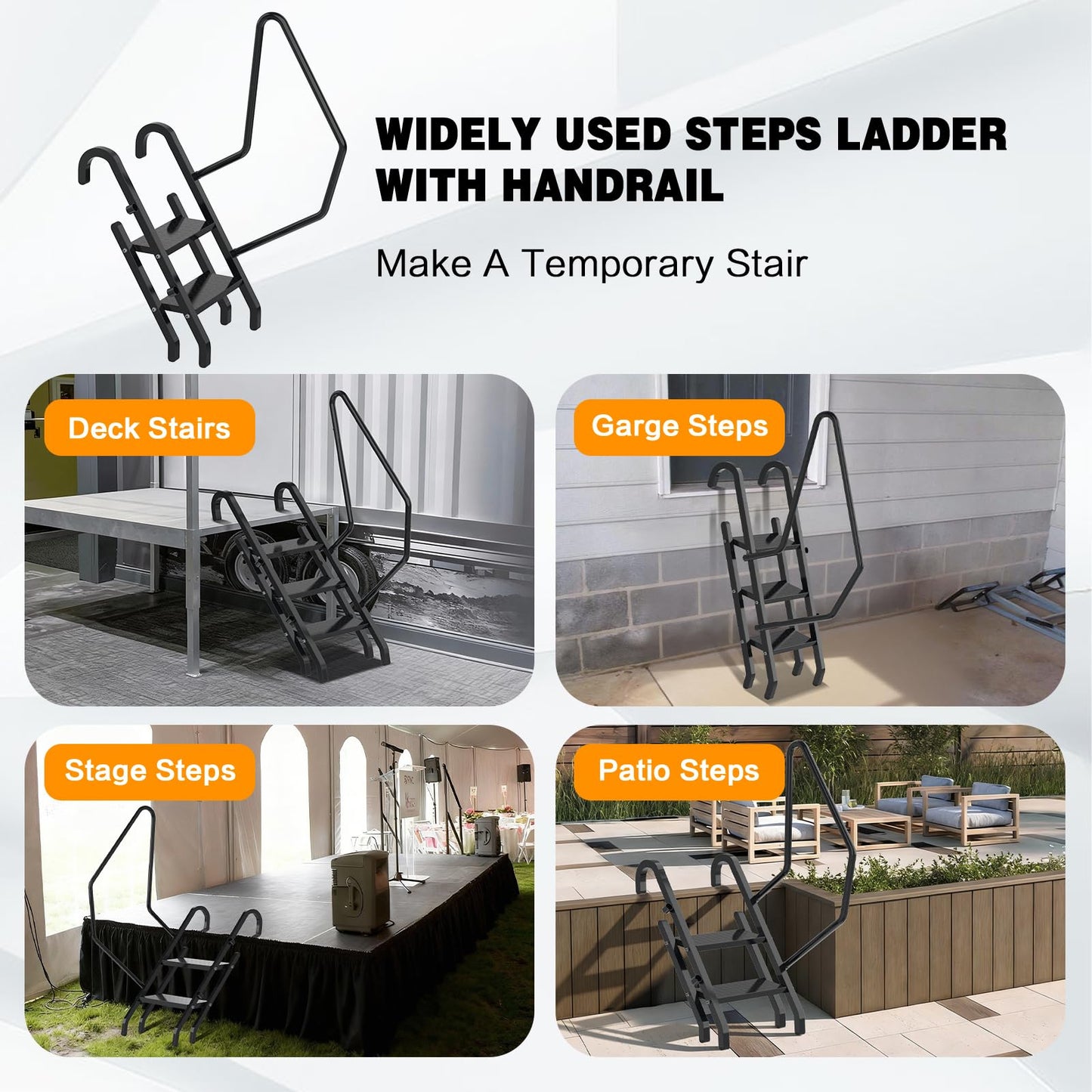 Height Adjustable 2 Steps Ladder with Handrail, Heavy Duty 2 Step Metal Ladder with Non-Slip Pedals for Indoor & Outdoor Steps (450LBs Loading)