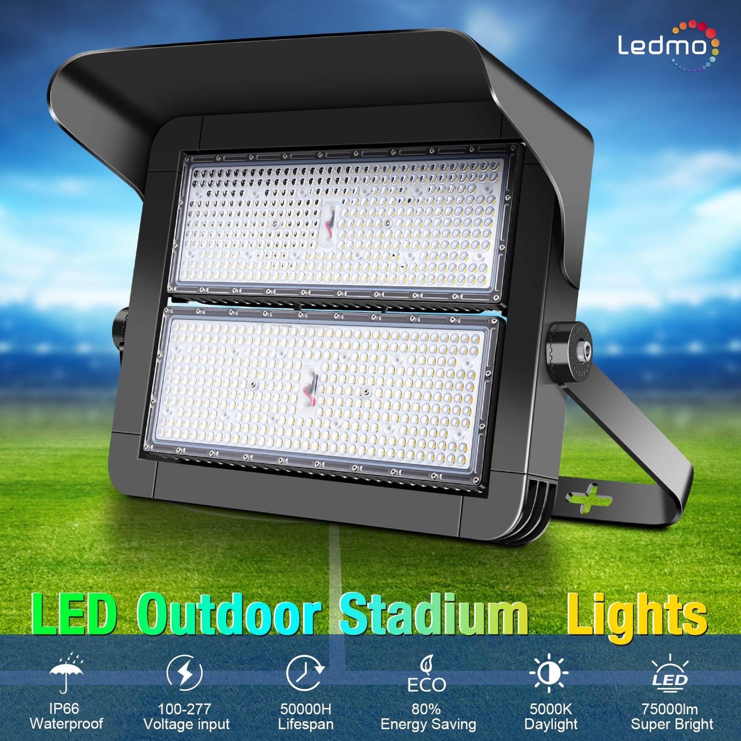 ledmo 500W Dimmable Led High Mast Stadium Light, 75000LM Super Bright Outdoor Arena Floodlight Adjustable IP66 5000K 100-277V Sports Court Lighting for Commercial Square Ballpark Large Yard Area