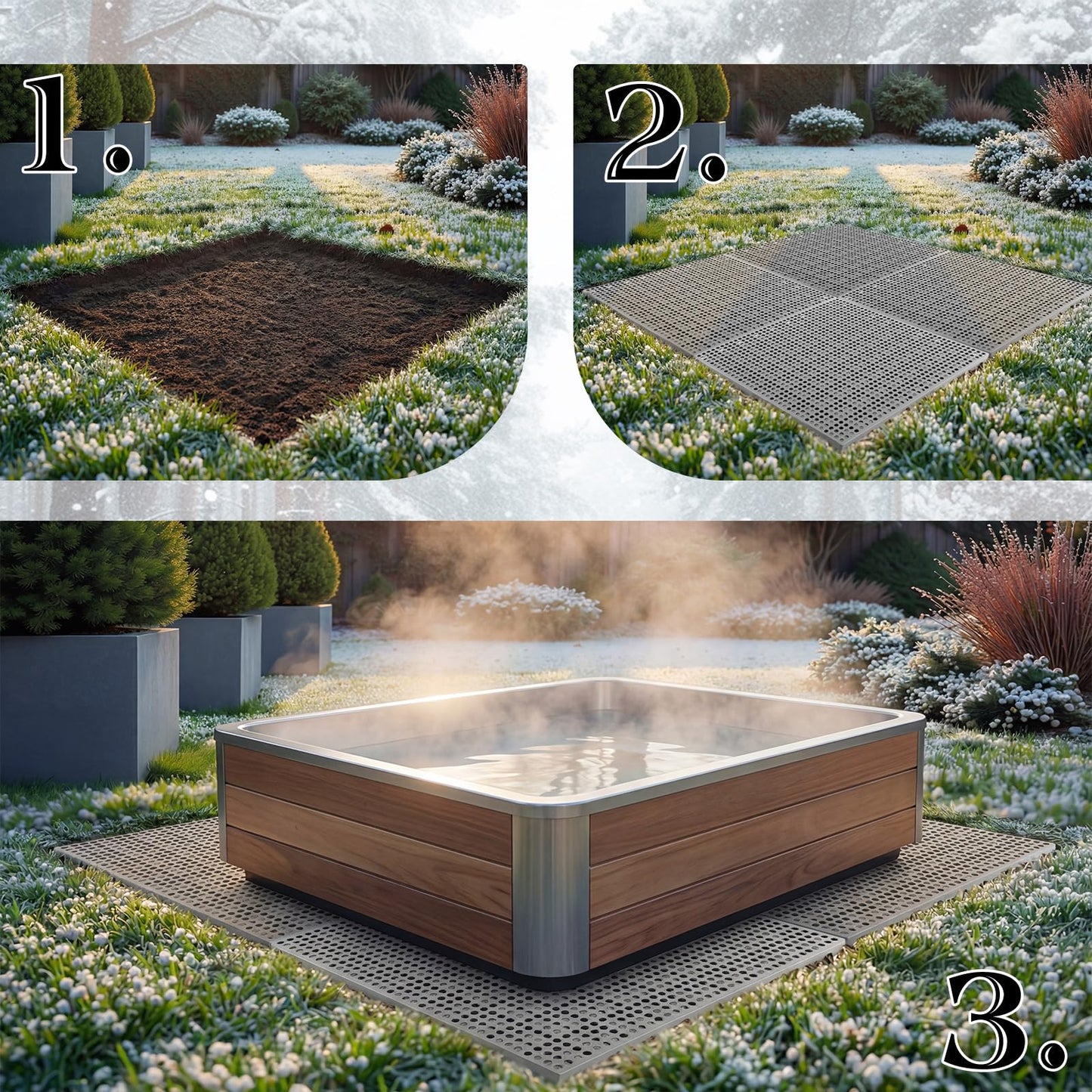 BreezeHug 4 Pack Outdoor Spa Foundation Base Pad (80" x 80"), Heavy Duty Interlocking Ground Platform for Inflatable Spas, Resin Tubs, Pools, Outdoor Equipment