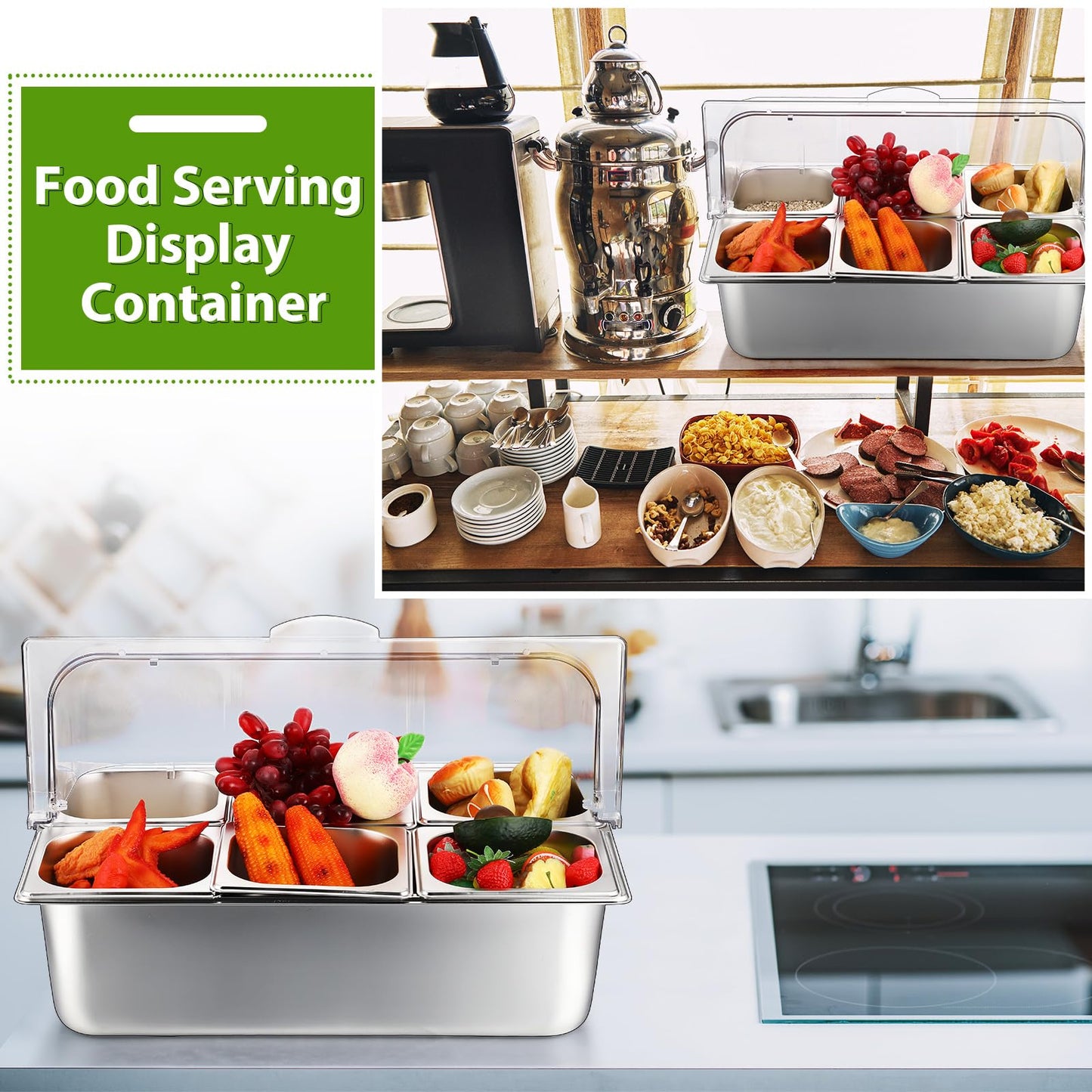 Ziliny Countertop Food Serving Display Container Clear Roll Top Cover 6 Pan Stainless Steel Ice Food Buffet Server Salad Bar Pizza Topping Station Condiment Dispenser Restaurant Kitchen Party(Silver)