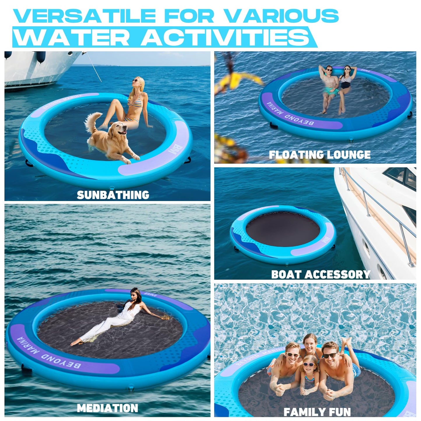 BEYOND MARINA Inflatable Water Hammock Floating Air Dock River Float with Mesh Heavy Duty Round Ring Raft for Pool Lake Ocean Portable Island Platform Pad 8'*6'*6"