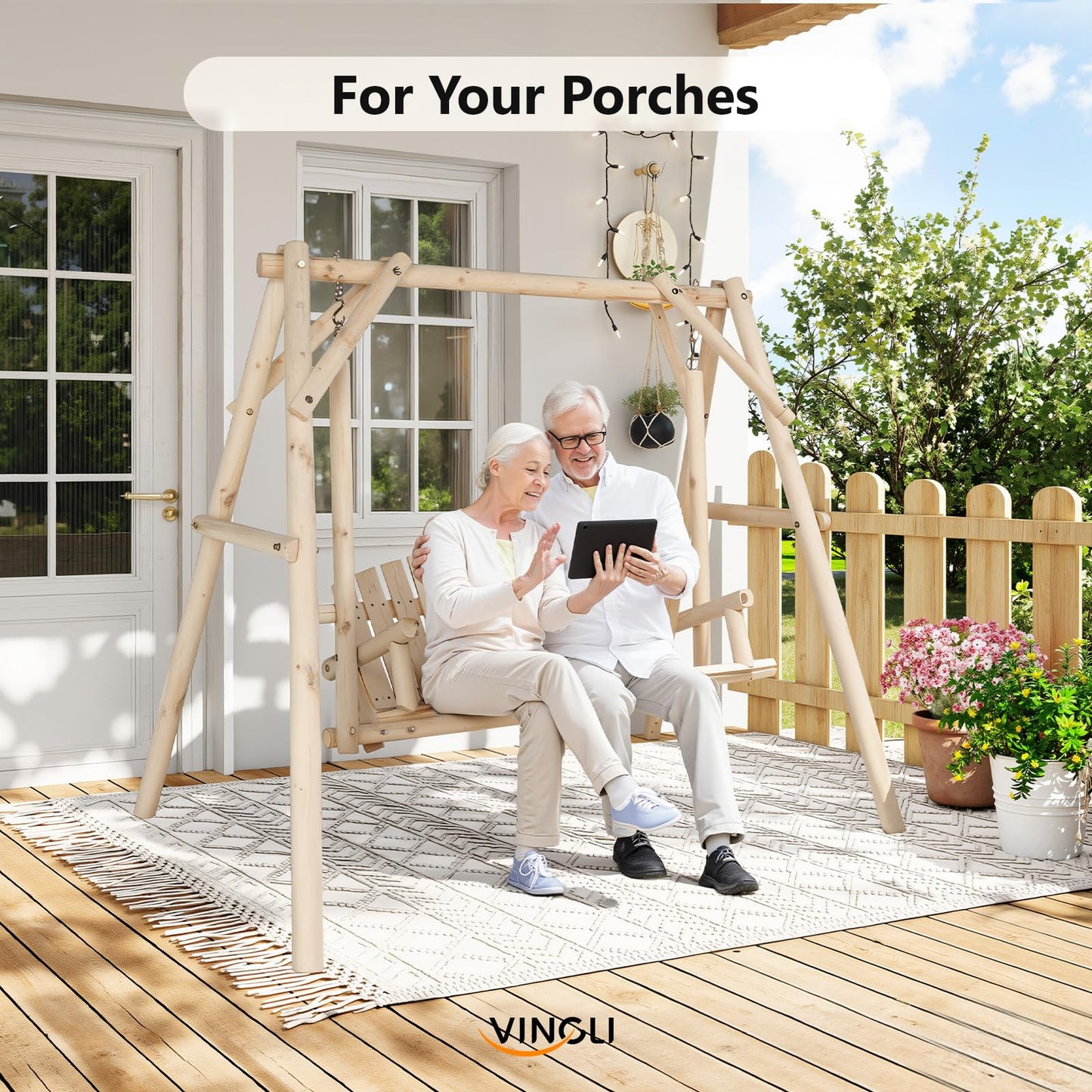 VINGLI Heavy Duty 880 LBS Wooden Patio Porch Swing with A-Frame Stand, Hanging Swing Bench Chair with Frame for Outside, Yard, Garden (Natural)