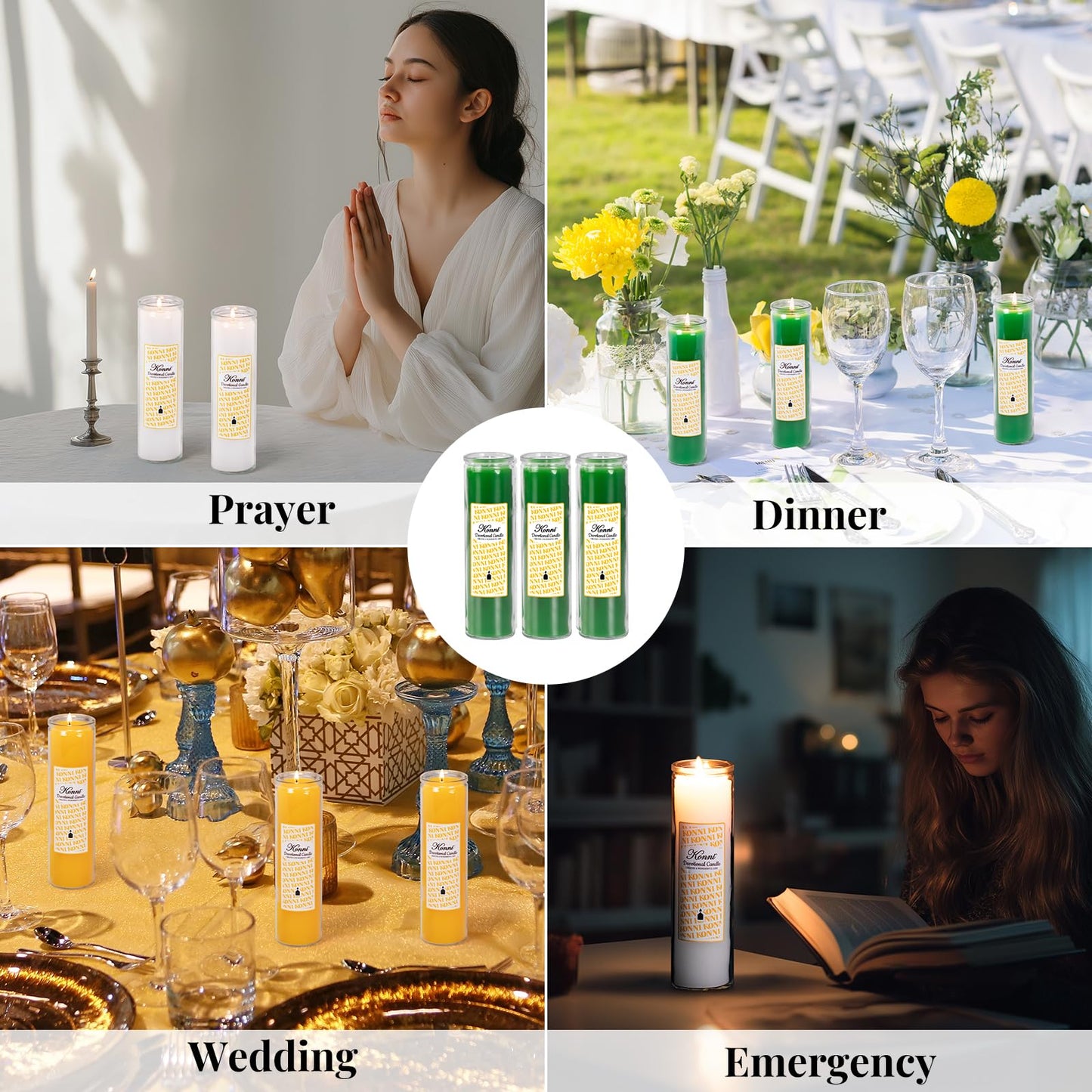 KONNI 2x8 Inch Green Pillar Candles in Glass Set of 3, Devotional Prayer Candle, Unscented Religious Candles, 105 Hours Emergency Long Burning, Ideal for Memorials, Vigil, Blessing