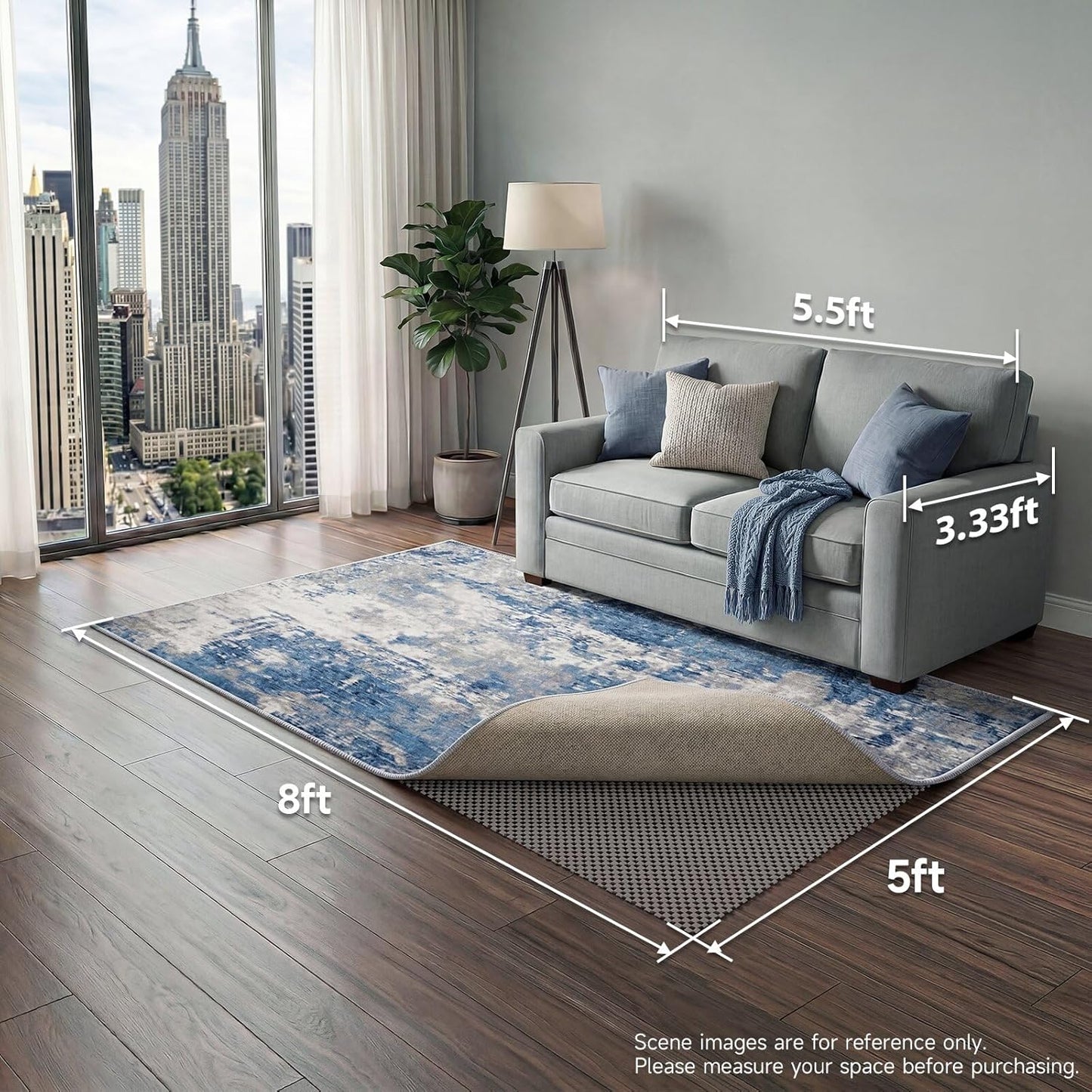 Veken Non-Slip Rug Pad Gripper - Thick Dark Grey 5x8 Ft for Hardwood & Tile Floors