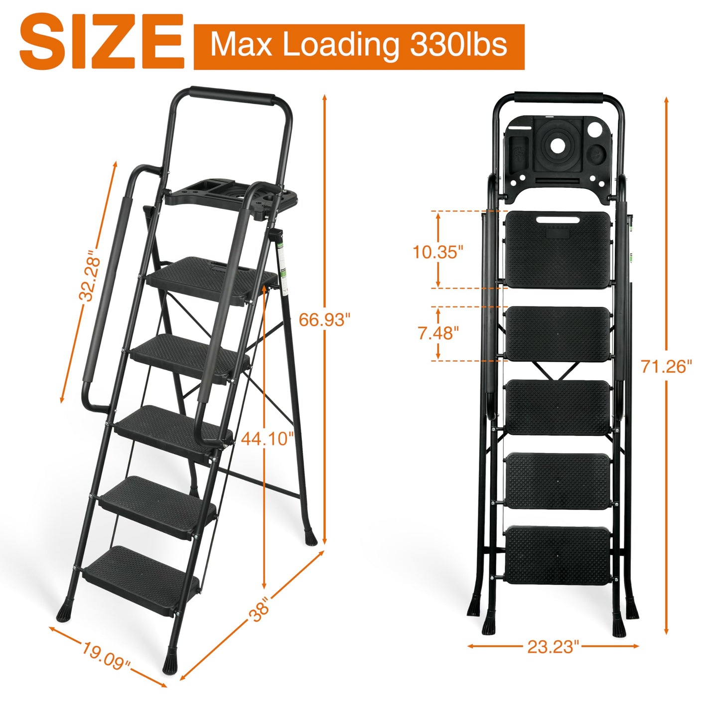 Arbusb Step Ladder, Folding Step Stool with Wide Anti-Slip Pedals, Sturdy Steel Ladder with Handrail, Space-Saving, Portable for Home & Adults, 5 Step Ladder