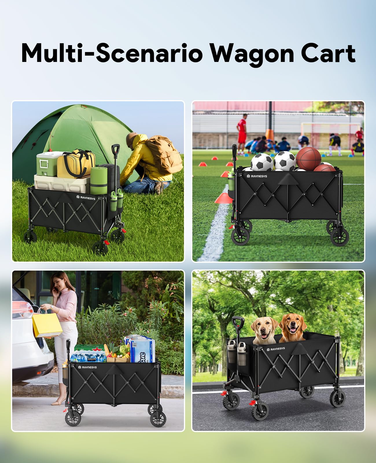 Raynesys Collapsible Foldable Wagons, 440lbs Capacity Wagons Carts Foldable with All-Terrain Wheels, Heavy Duty Utility Wagon Carts with Brakes for Camping, Sports, Shopping, Grocery, Black