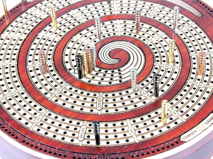 House of Cribbage - Cribbage Board Spiral Design Round Shape 4 Tracks Bloodwood/Maple with Place for Skunks Corners & Won Games