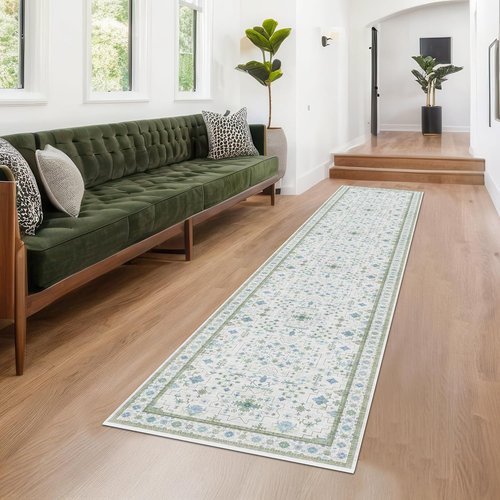 Hazo Haus Oushak 3x10 Wide Hallway Runner Rug - Vintage Turkish Floral Design | Washable Low Pile, Non-Slip - Light Blue & Green