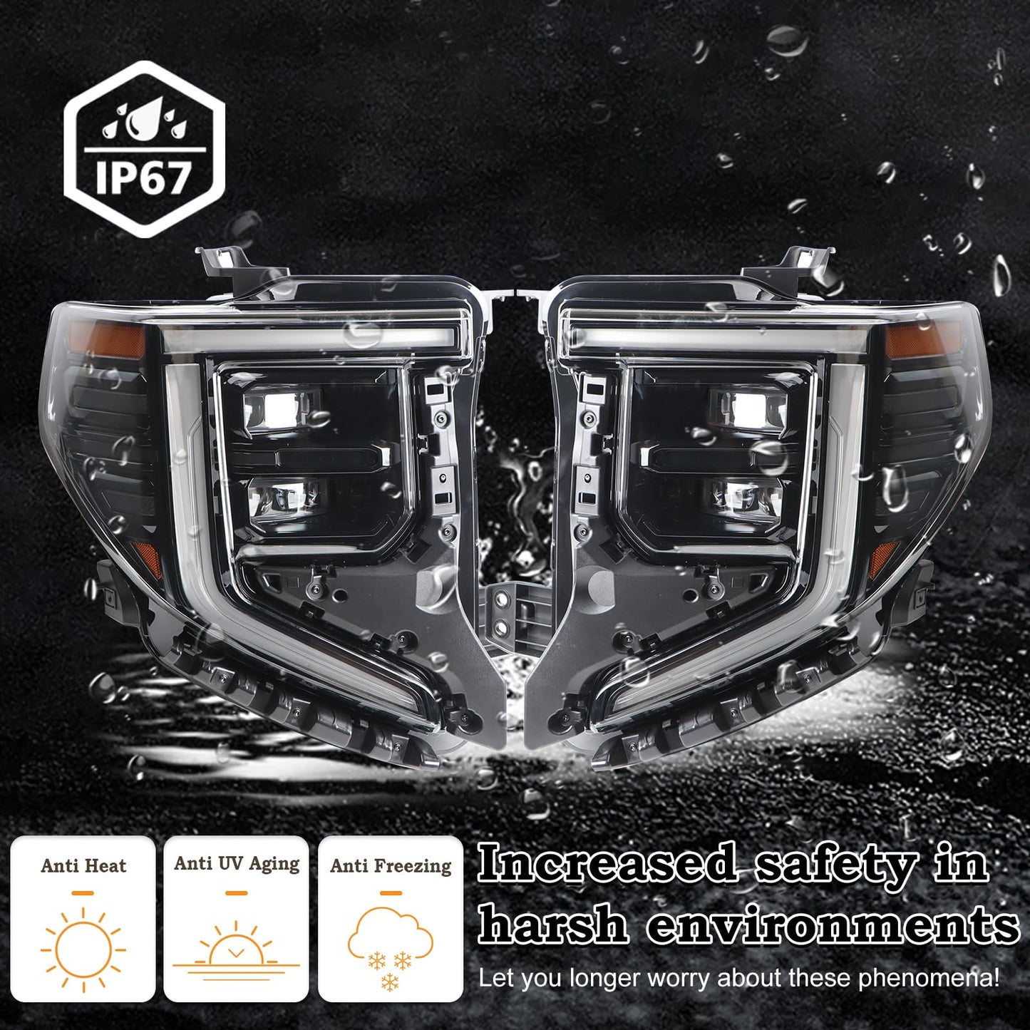 KAMDKI A Pair Black Trim LED Headlight Fit for 2022 2023 2024 GMC Sierra 1500 SLT/Denali Headlamp Assembly Left Driver and Right Passenger Side W/Module 85543193 85543194 85604121 85604122