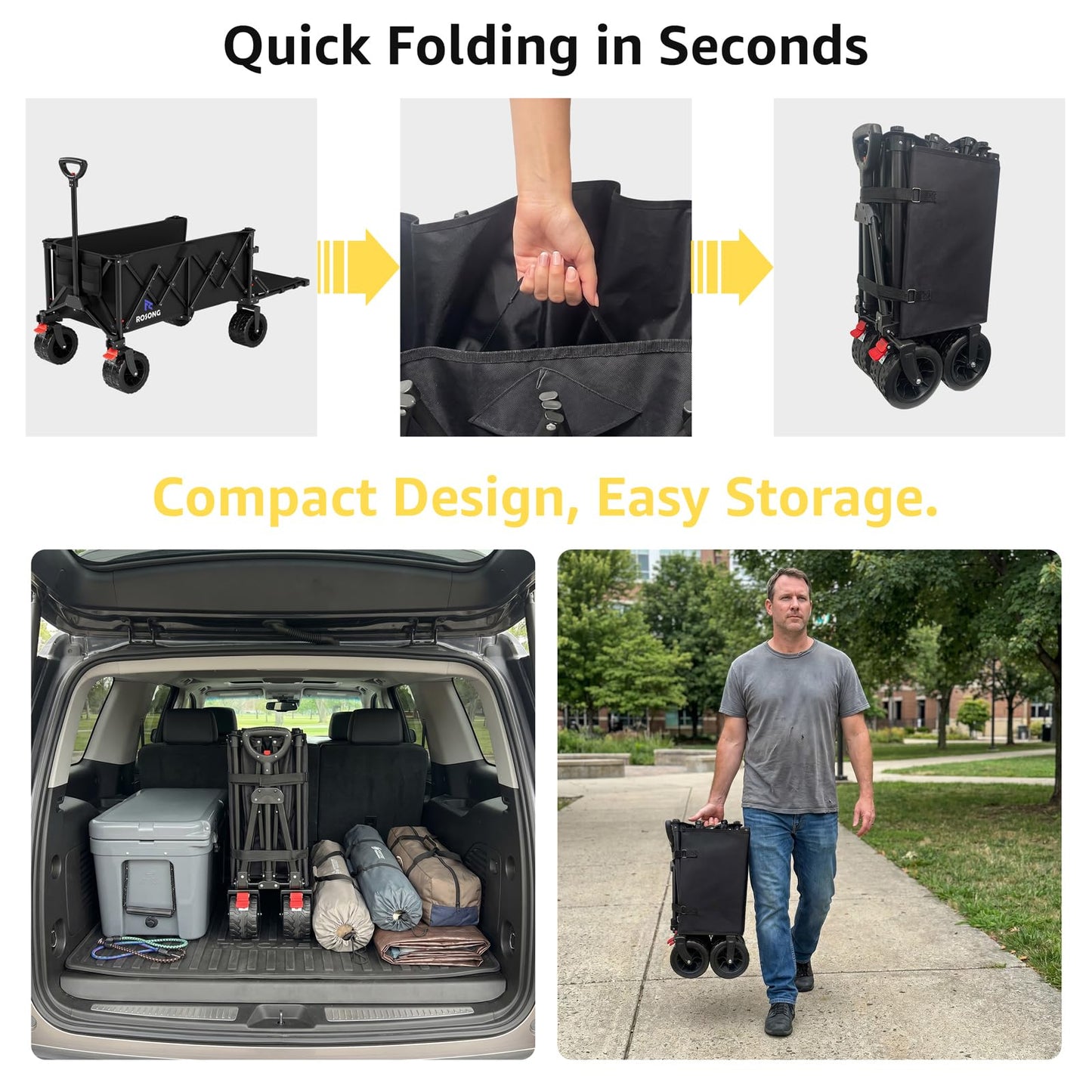 220L Folding Wagon with Detachable 14 Gallon Cooler Bag, Extra Large All-Terrain Heavy Duty Collapsible Beach Wagon Cart with Big Wheels, Foldable Utility Cart for Camping, Tailgate