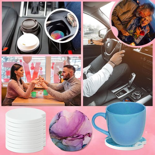 Ceramic Sublimation Blanks Car Coasters for Car Cup with Finger Notch for Easy Removal Ceramic Car Cupholder Auto Cupholder Keep Vehicle from Cold Drink Sweat Stain Spill (48)