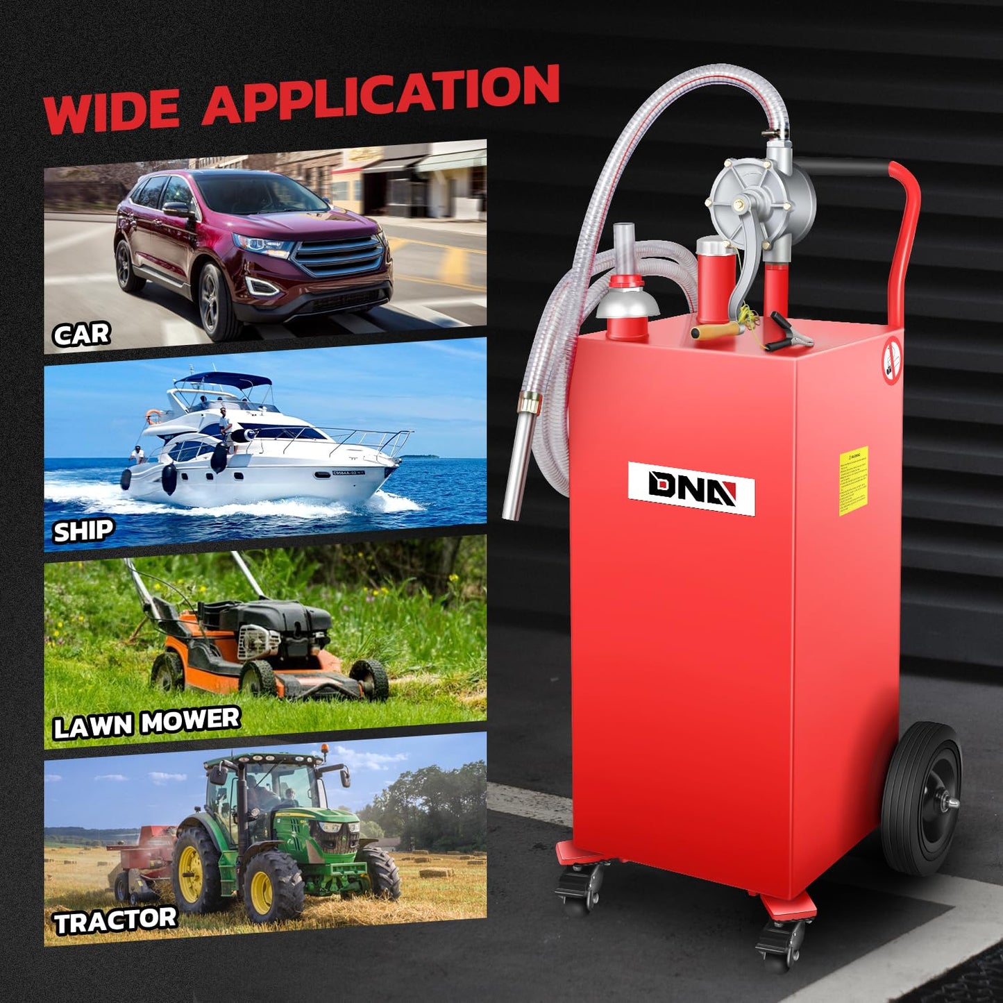 DNA MOTORING 35 Gallon Gas Caddy Fuel Tank Container, Large Gasoline Diesel Can with Wheels, Rotary Hand Pump for Cars, Lawn Mowers, ATVs, Boats, TOOLS-00387