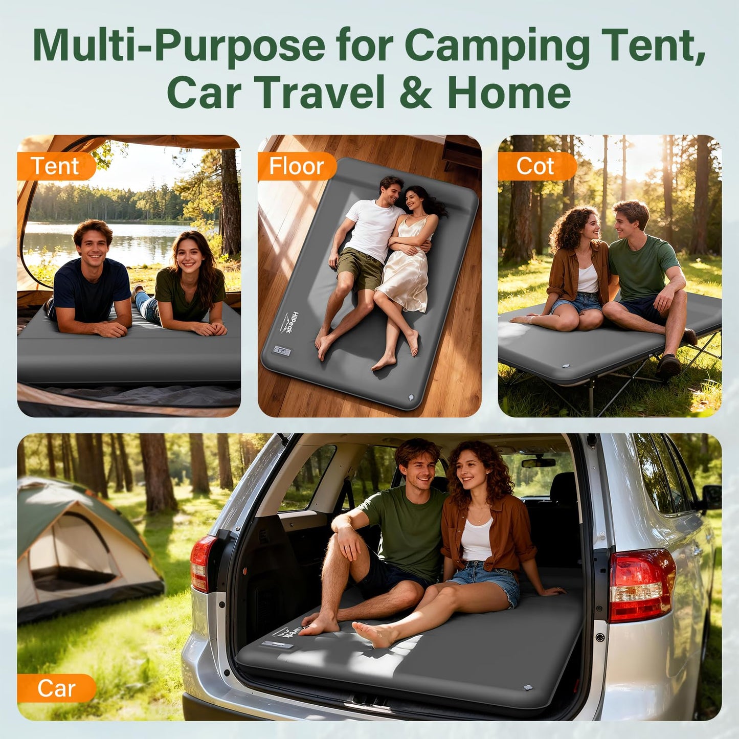 HiiPeak Double Camping Sleeping Pad with Electric Pump, 3" Thick 2 Person Self Inflating Memory Foam Mattress Pad with Pillow, Portable Sleeping Mat for Travel, Car, Tent, Full Size (Gray)