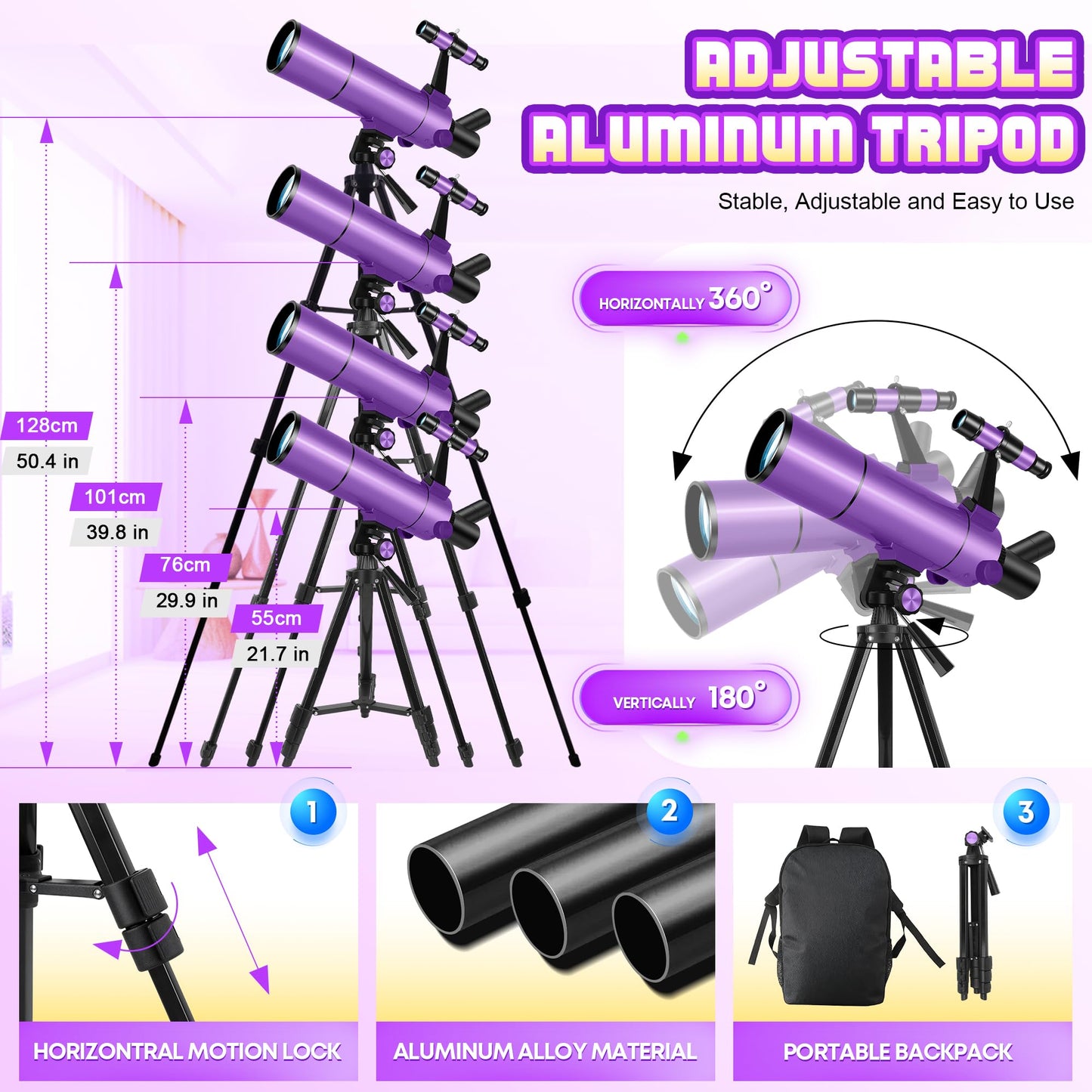 Dianfan Telescope for Kids & Adults, 80mm Aperture 500mm Astronomical Professional Telescope for Adults High Powered, Portable Travel Telescopes for Beginners with Tripod & Adapter, Stickers, Backpack