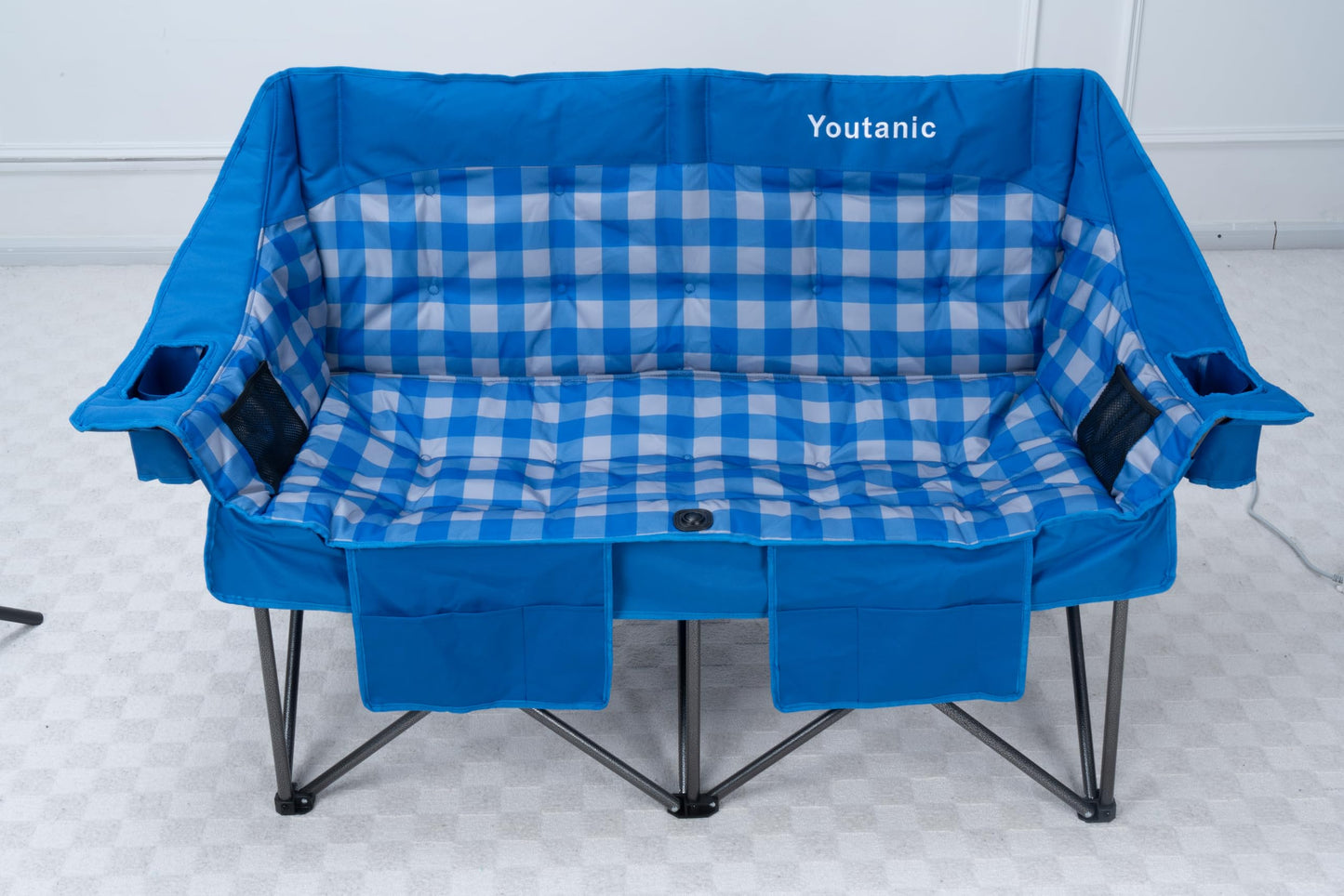 Youtanic 60" Extra Double Camping Chair, 700lbs Heavy Duty Padded Loveseat for Adults, Oversized 2 Person Folding Camp Couch with Dual Cup Holders, Portable Plaid Lawn Chair for Outside, Sports, Blue
