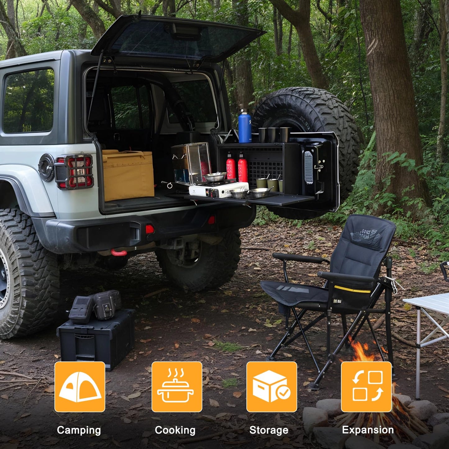 Tailgate Table Storage Lock Box Compatible with Jeep Wrangler JK JKU JL JLU 4 Door, Aluminum Foldable Rear Cargo Shelf MOLLE Panel Camping Desk Organizer