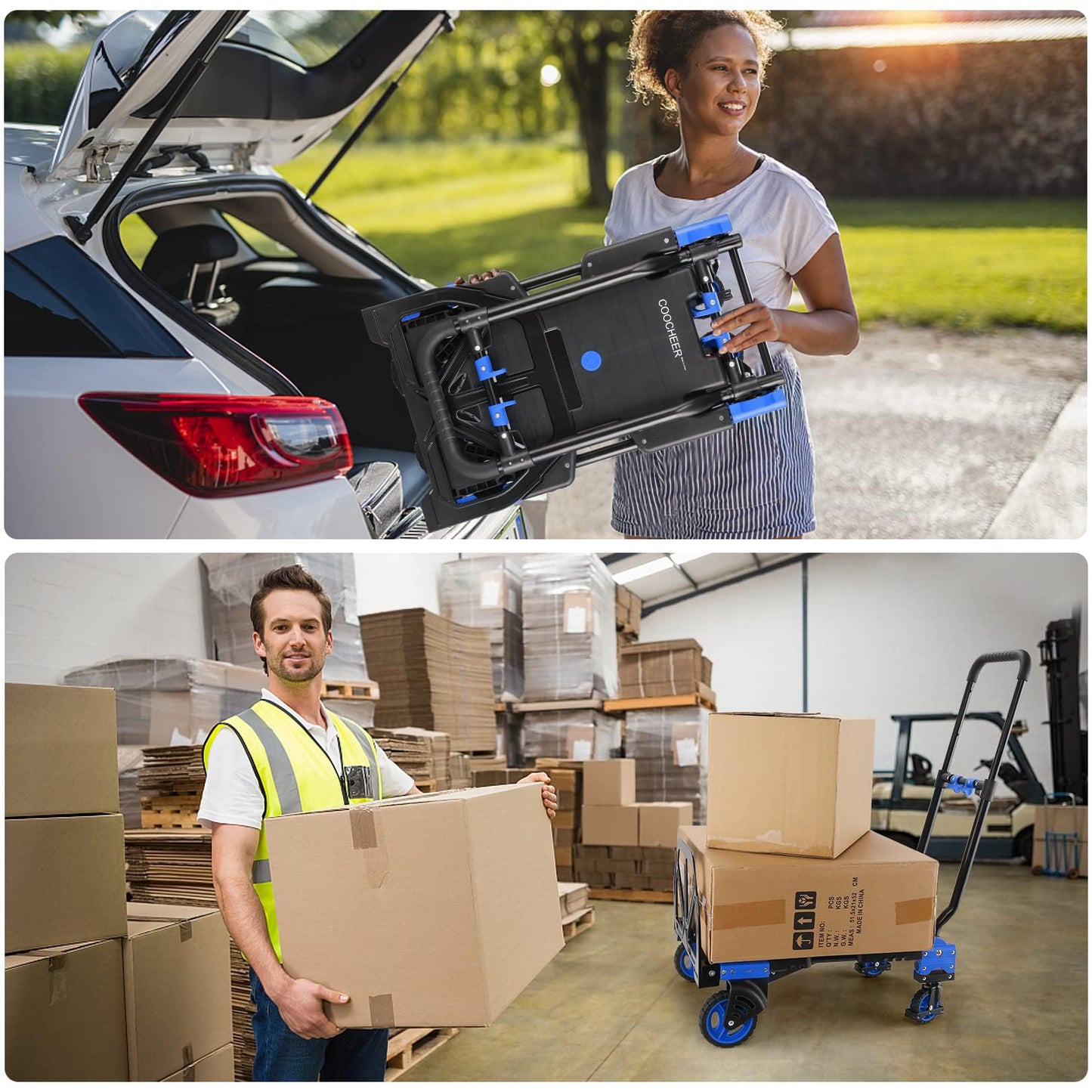 2-in-1 Folding Hand Truck Dolly 330LB Load Carrying, Hand Truck Foldable Dolly with Retractable Handle and 4 Rubber Wheels, Portable Folding Hand Cart for Moving/Travel/Office(Blue)