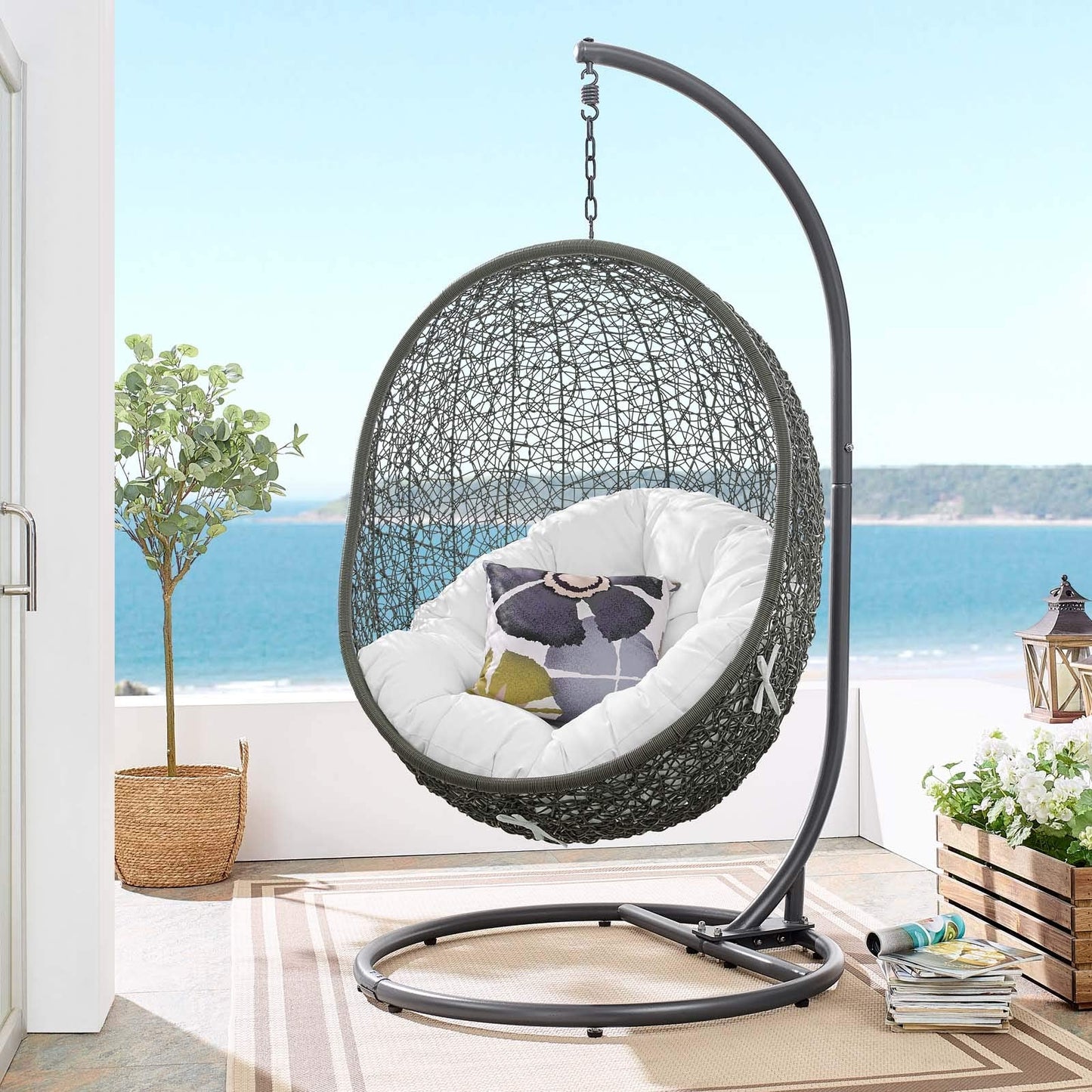 Modway Hide Wicker Rattan Outdoor Patio Porch Lounge Egg Swing Chair Set with Stand in Gray White