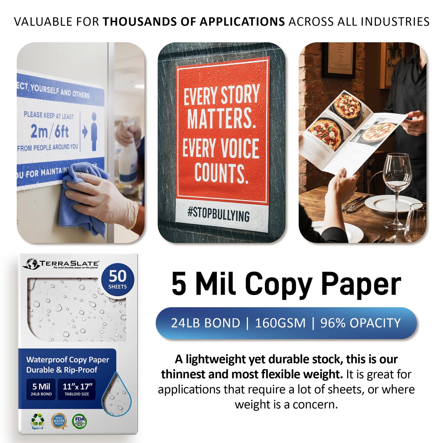 TerraSlate Waterproof Paper, Rip-Proof Paper, 50 Sheets, 5 Mil (24lb Bond), 11” x 17”, Laser Printer and Copy Machine Compatible