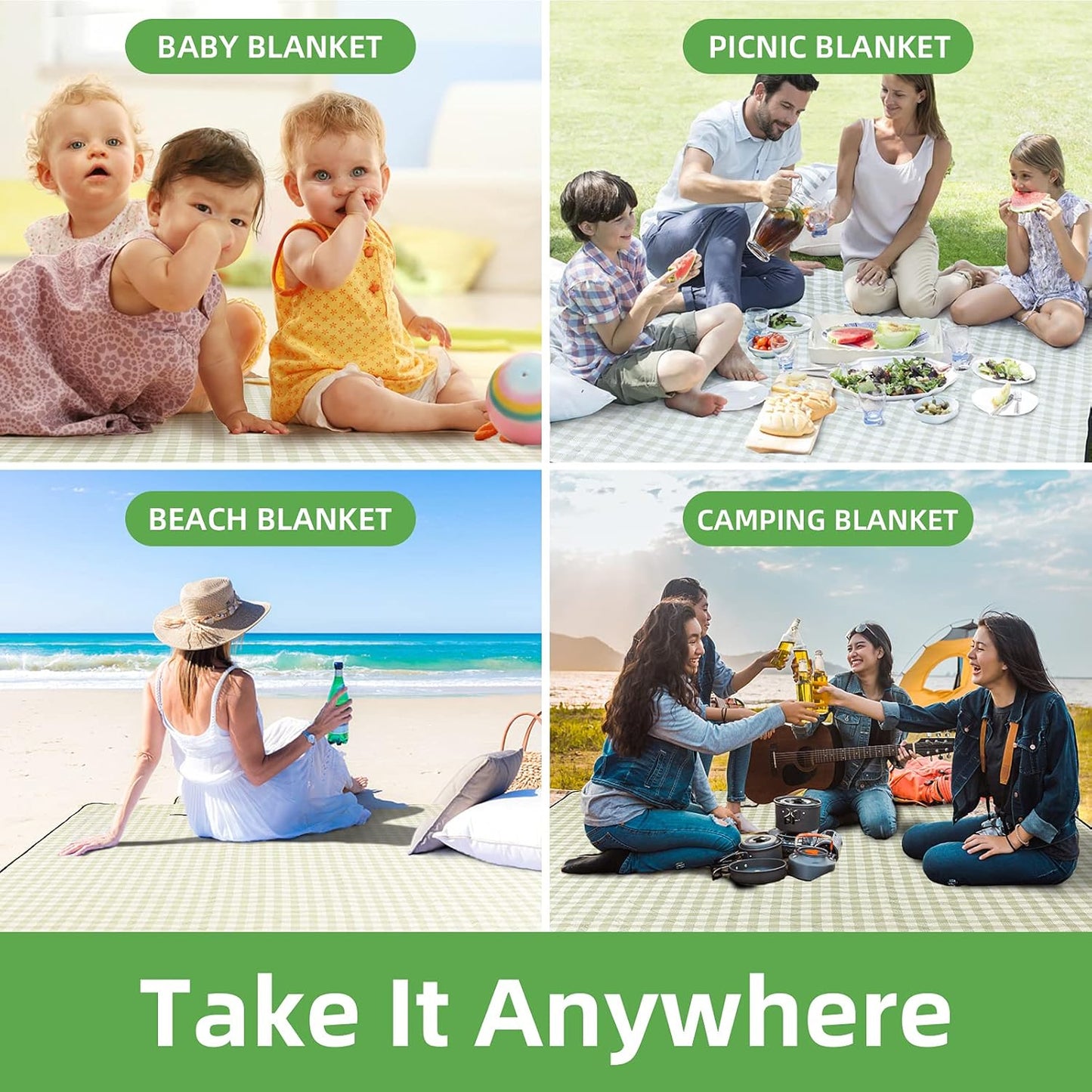 ZAZE Extra Large Waterproof Picnic Blanket - 80''x80'' Gingham Mat for Beach & Camping | Green & White