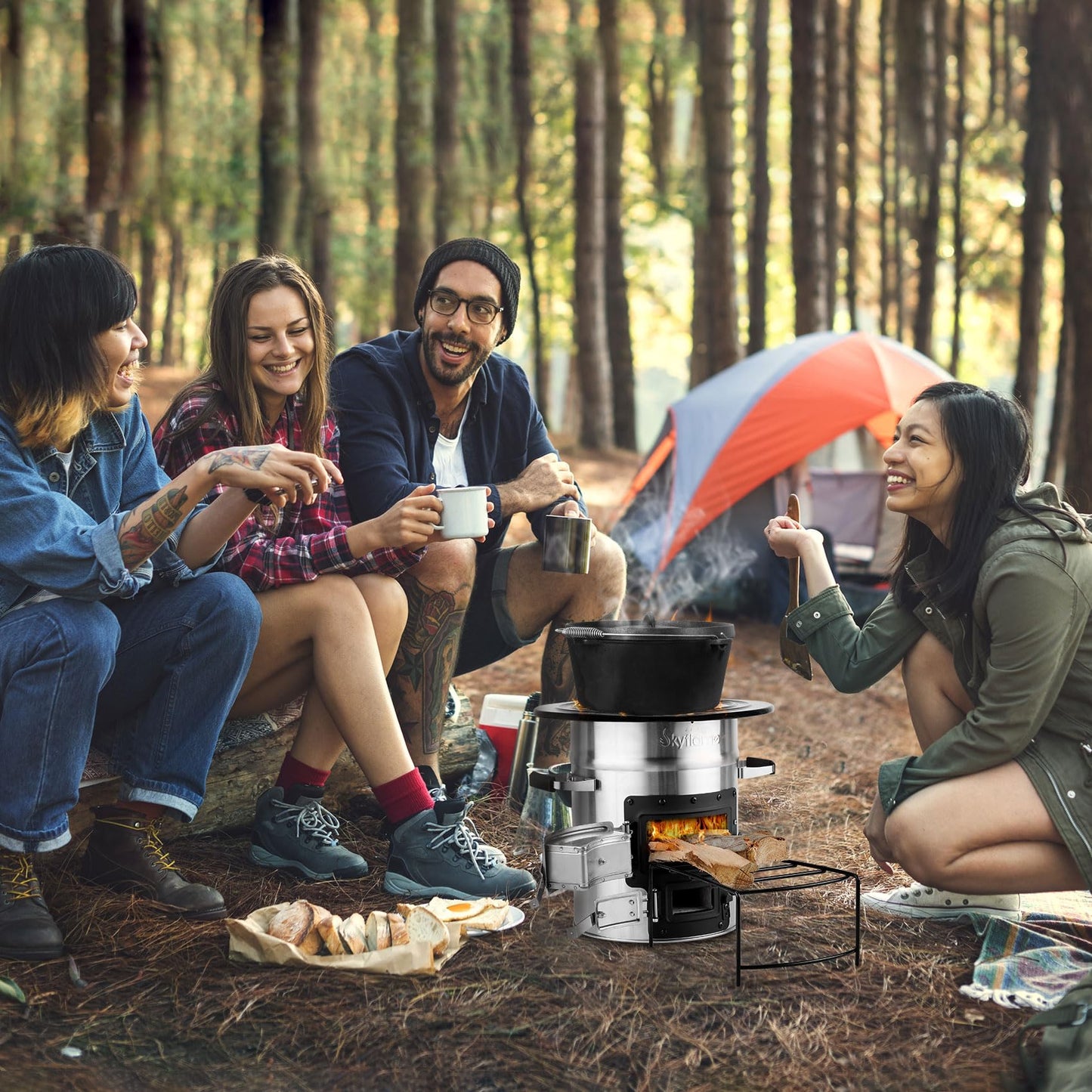 Skyflame Camping Rocket Stove, Stainless Steel Wood Burning Stove Portable Camping Gear for Outdoor Backpacking Emergency RV Survival