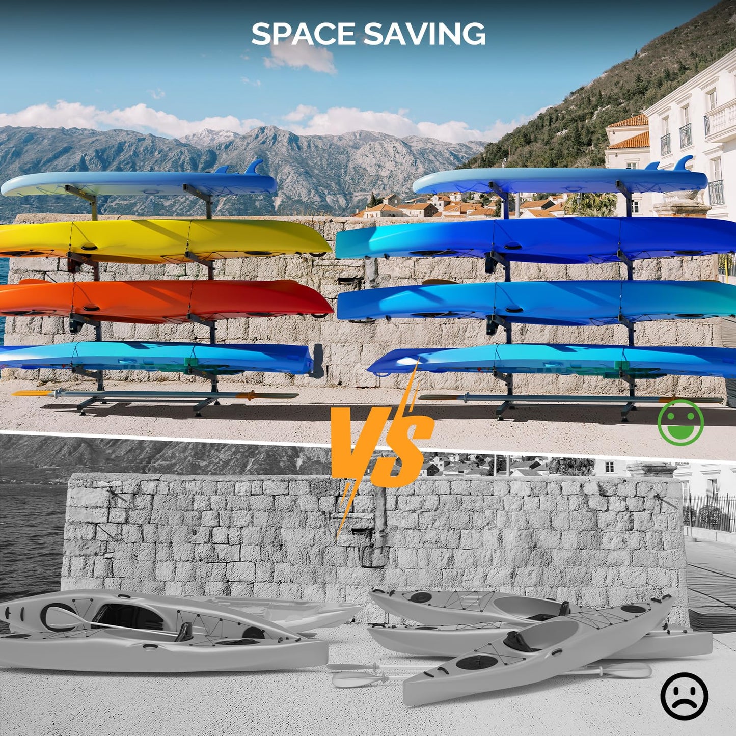 Bonnlo Kayak Storage Rack - Adjustable Heavy Duty Rack for 4 Kayaks or Paddle Boards, Paddle Holder for Garage, Holds up to 548 lbs, Spacesaver, Gentle on Padding, Boat Organizer