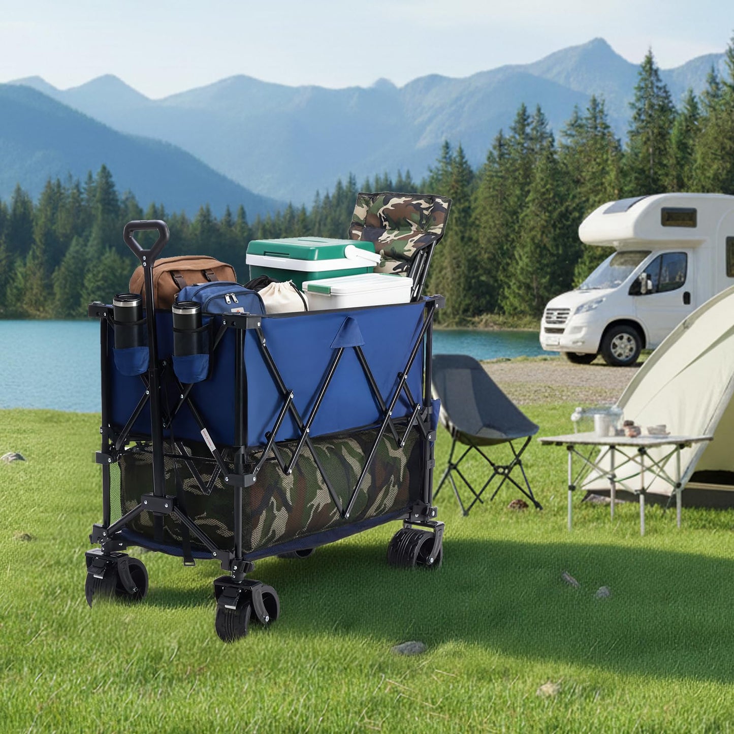 NEWBULIG Large Capacity Folding Double Decker Wagon with Brakes, 440lbs Wagons Carts Foldable Wagon Cart with Flexible Handle, All-Terrain Big Wheels for Grocery Sports Garden Camping
