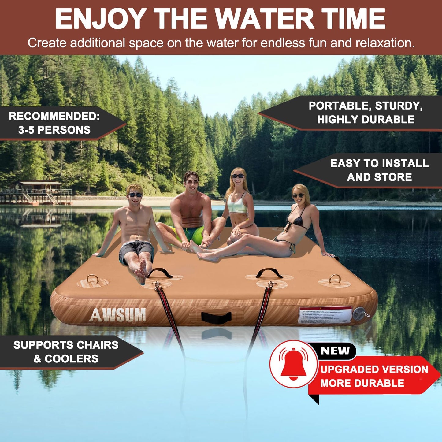 AWSUM Inflatable Floating Dock for Lakes, 5ft x 6ft Water Air Mat Inflatable Island Swim Platform with Non-Slip Wood Surface for Pool Beach Ocean