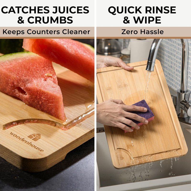 Set of 3 Bamboo Cutting Boards for Kitchen - Thick & Durable Wood Cutting Boards Set with Deep Juice Grooves & Build-in Handles, Large Surface, Easy to Clean – for Meat, Vegetables and Fruits