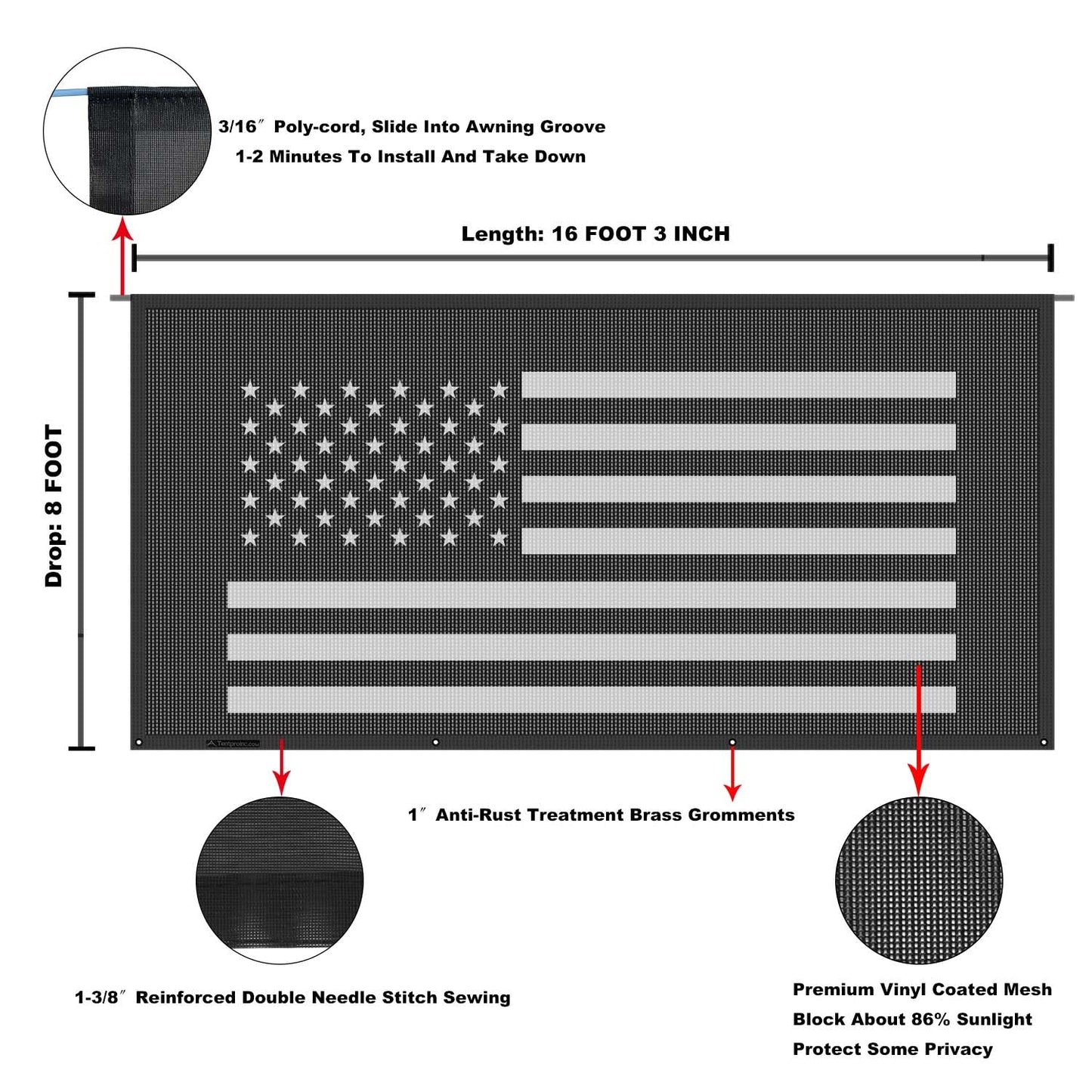 Tentproinc RV Awning Sun Shade Screen 8' X 16' 3'' (American Flag) Black Mesh Sunshade Camper Trailer Awning Shade Screen UV Blocker Completed Kits